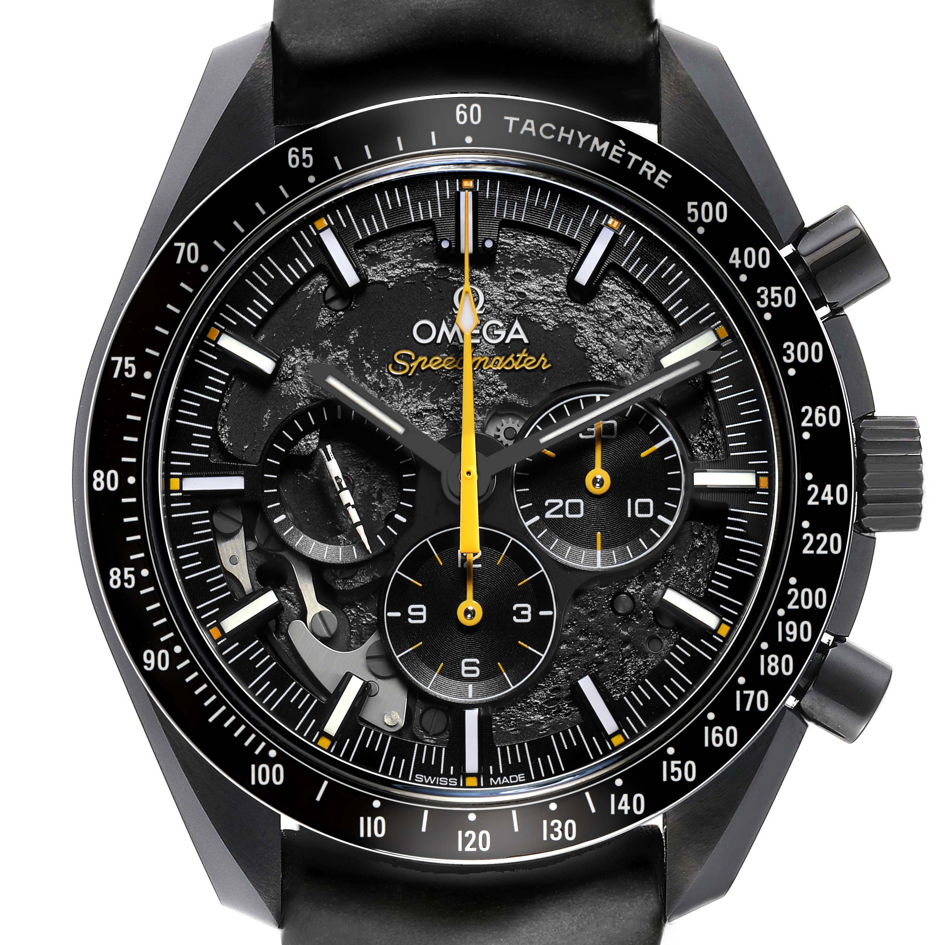 The Omega Speedmaster 310.92.44.50.01.001 Men's Ceramic Black Dial watch is shown from the front, highlighting its dial, tachymeter, and subdials.
