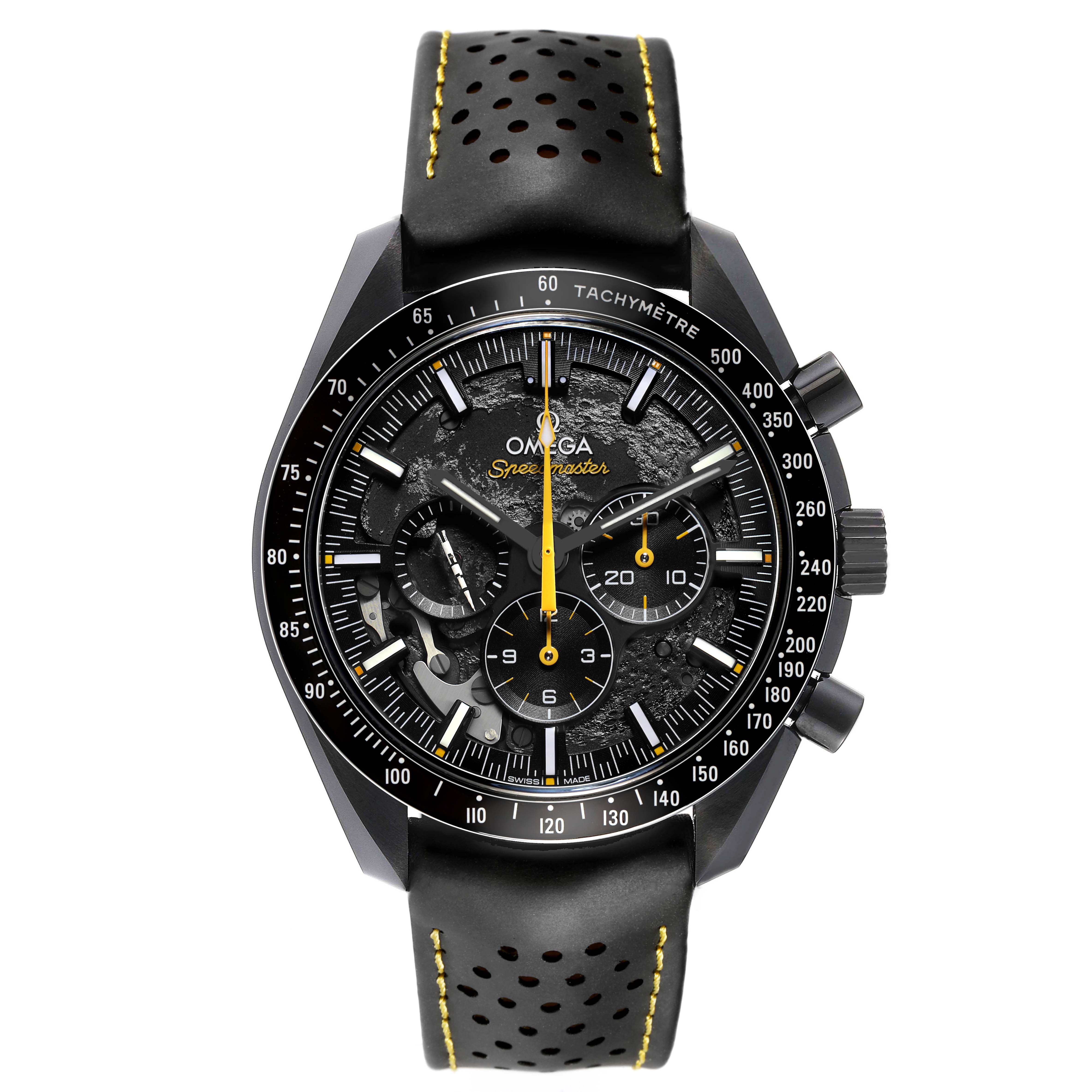 The Omega Speedmaster 310.92.44.50.01.001 Men's Ceramic Black Dial watch is shown from a frontal angle, highlighting its dial, pushers, bezel, and perforated leather strap with yellow stitching.