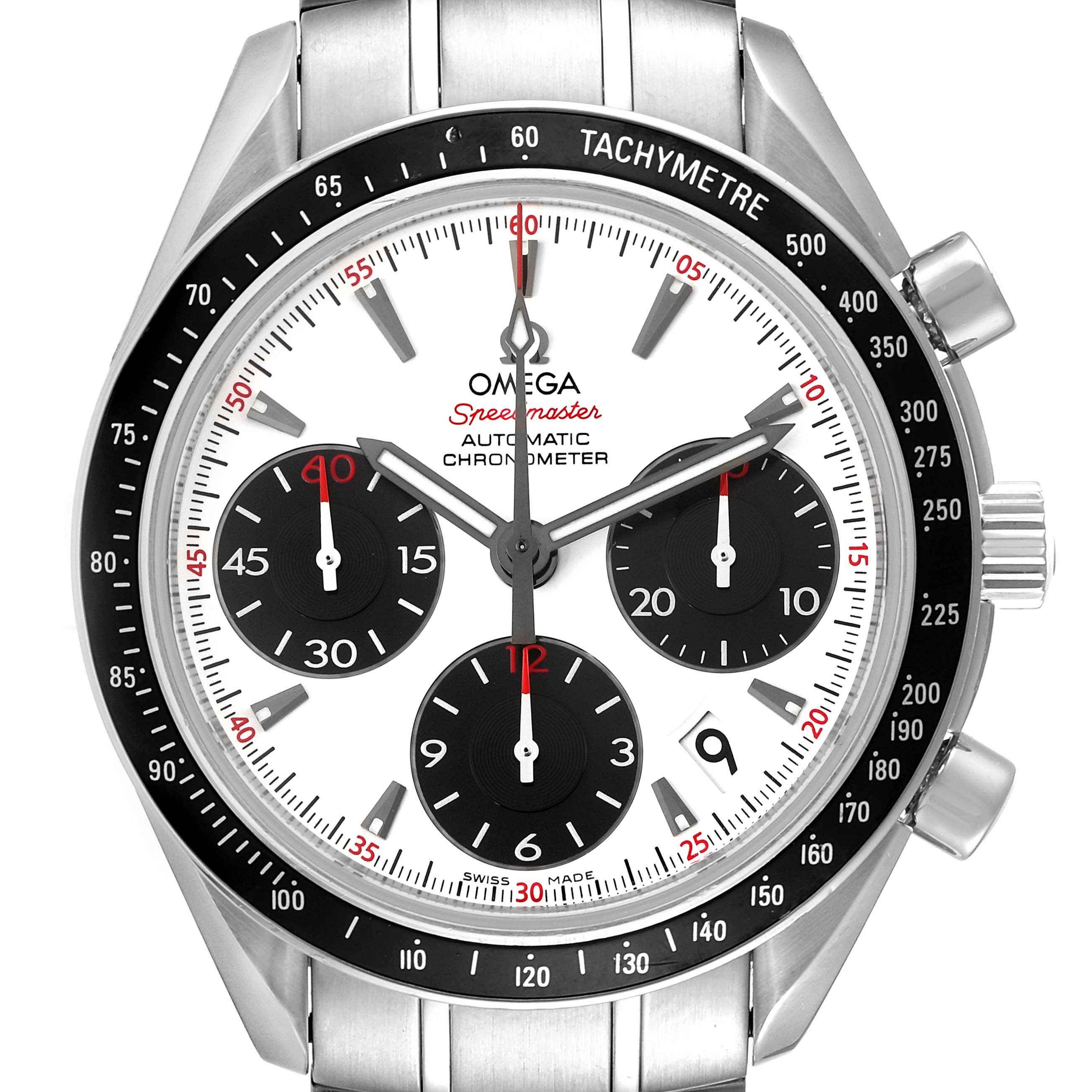 The image shows a front view of an Omega Speedmaster 323.30.40.40.04.001 Men's Stainless Steel White Dial 323.30.40.40.04.001 Men's Stainless Steel White Dial watch, highlighting the dial, chronograph subdials, and tachymeter bezel.