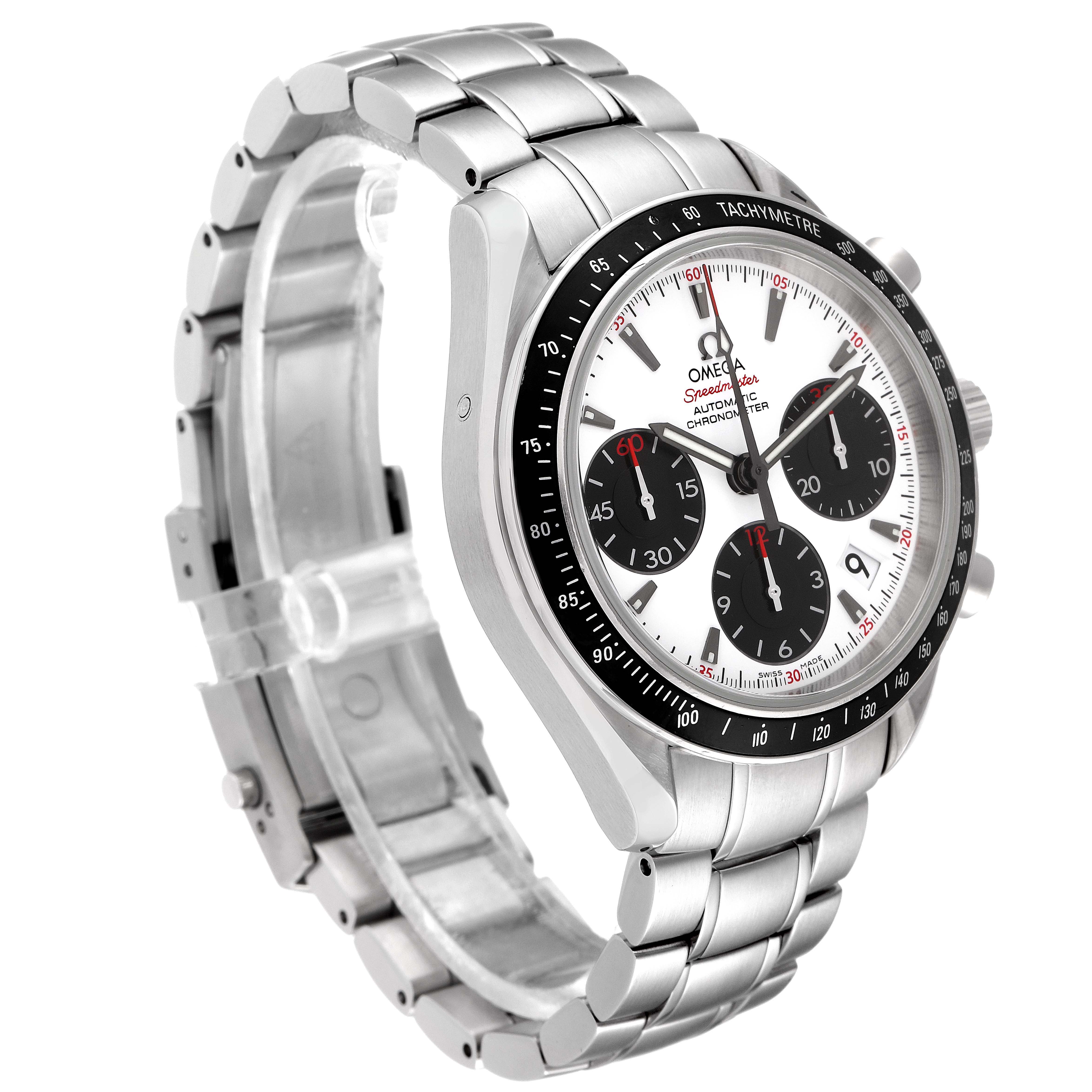 The image shows an angled view of the Omega Speedmaster 323.30.40.40.04.001 Men's Stainless Steel White Dial 323.30.40.40.04.001 Men's Stainless Steel White Dial watch, highlighting its face, bezel, and stainless steel bracelet.