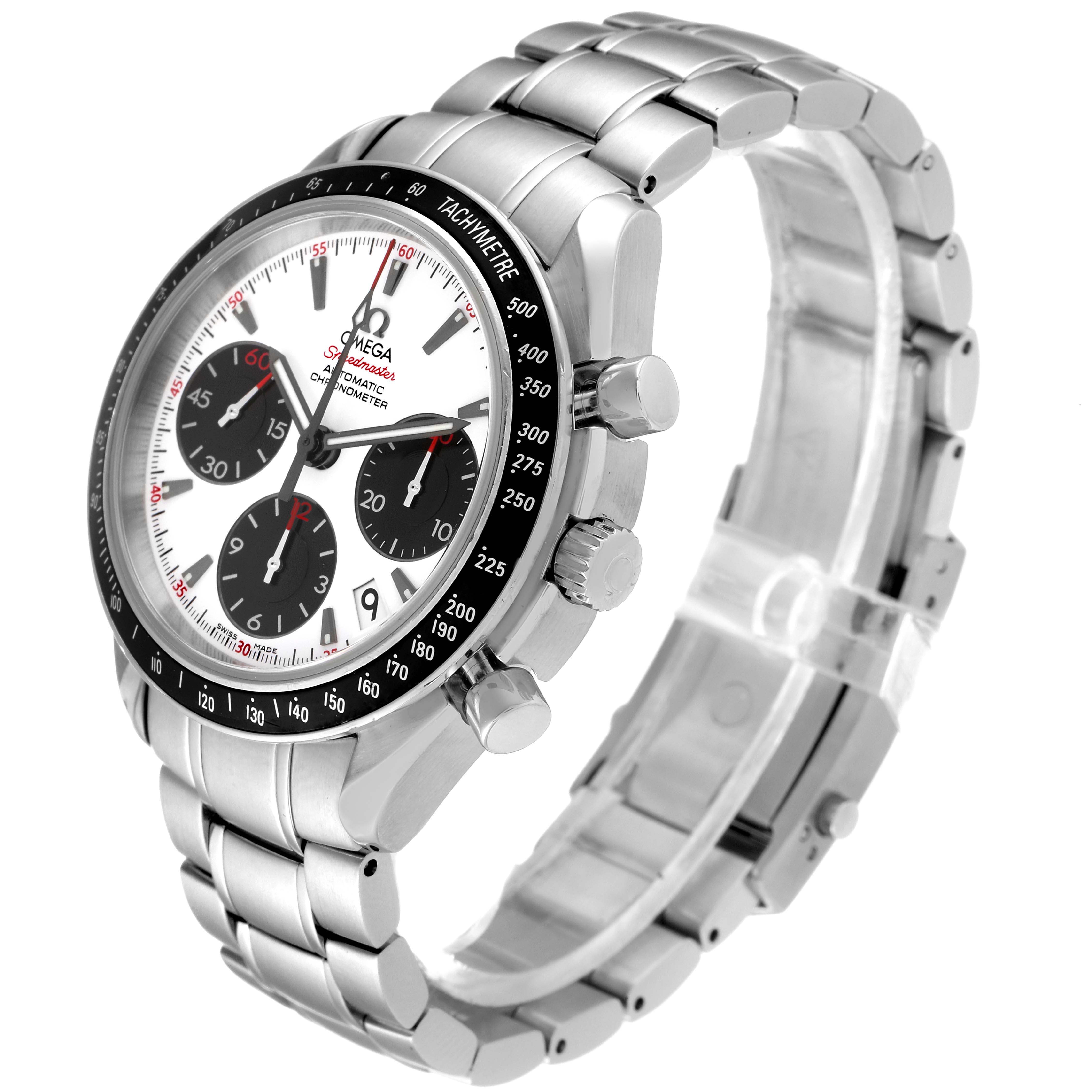 The Omega Speedmaster 323.30.40.40.04.001 Men's Stainless Steel White Dial 323.30.40.40.04.001 Men's Stainless Steel White Dial watch is shown at a three-quarter angle, highlighting its stainless steel bracelet, chronograph dials, and tachymeter bezel.