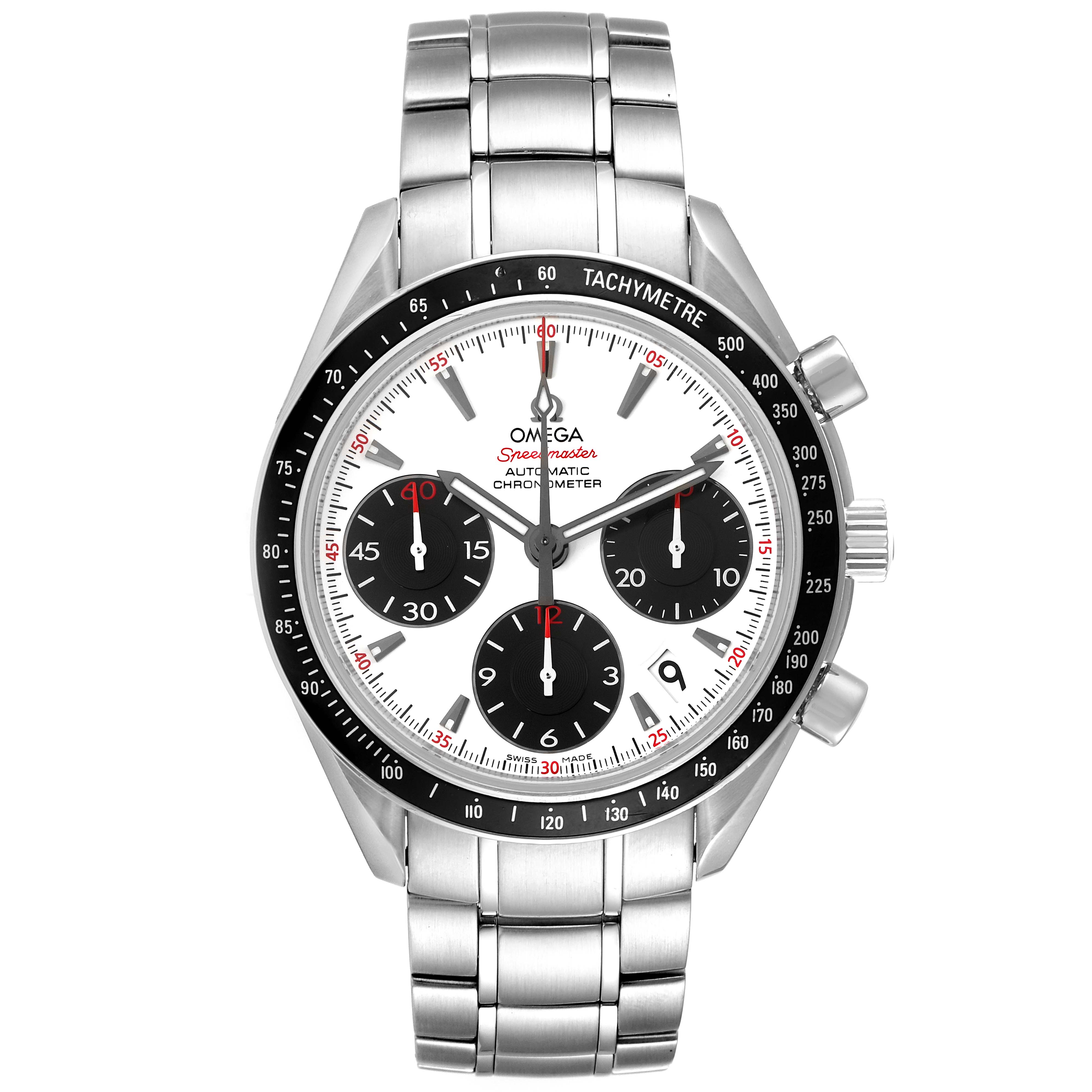 The image shows a frontal view of an Omega Speedmaster 323.30.40.40.04.001 Men's Stainless Steel White Dial 323.30.40.40.04.001 Men's Stainless Steel White Dial watch, highlighting the dial, tachymeter bezel, and stainless steel bracelet.