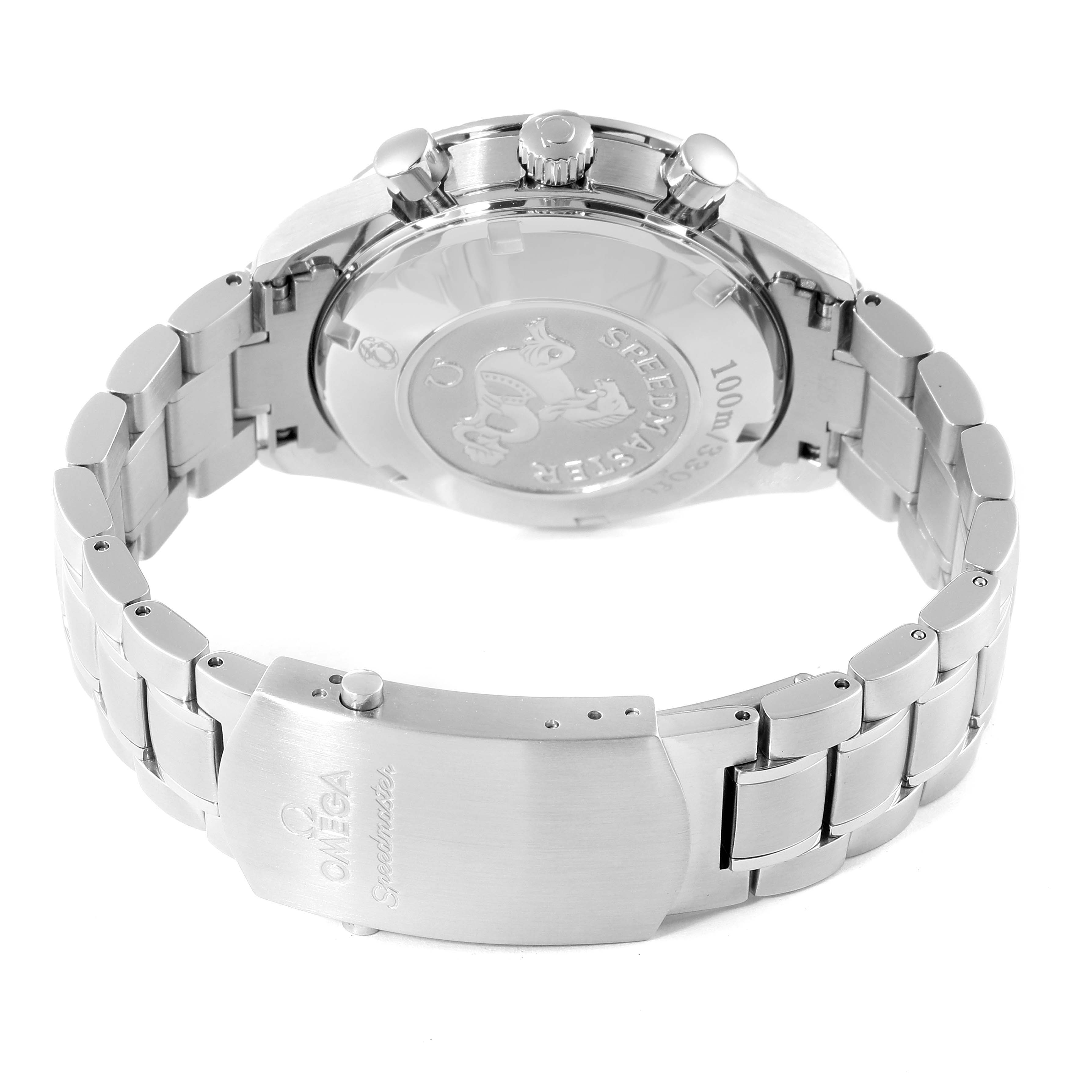The image shows the back case and bracelet with the clasp of the Omega Speedmaster 323.30.40.40.04.001 Men's Stainless Steel White Dial 323.30.40.40.04.001 Men's Stainless Steel White Dial watch, viewed from behind.