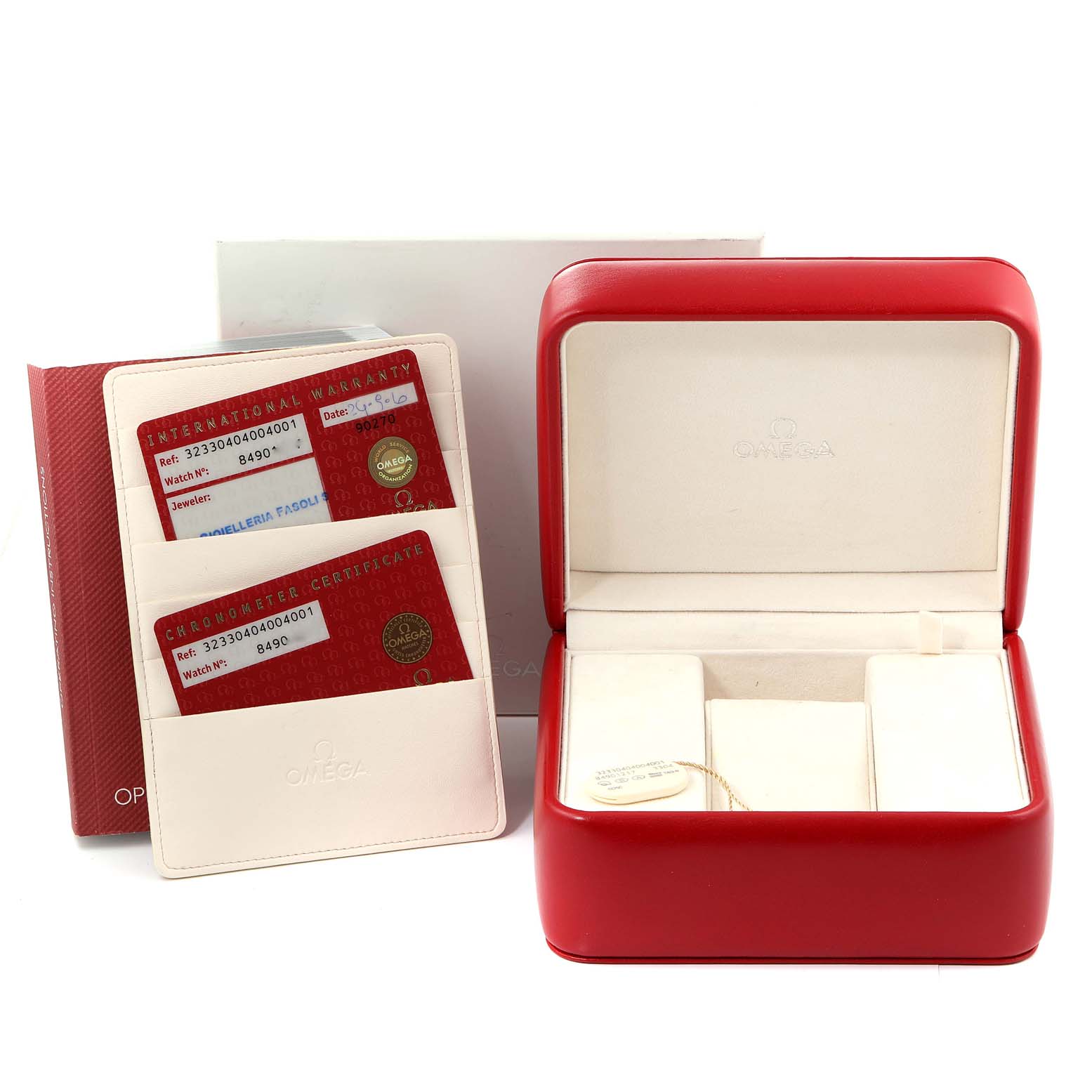 The image shows the Omega Speedmaster 323.30.40.40.04.001 Men's Stainless Steel White Dial 323.30.40.40.04.001 Men's Stainless Steel White Dial watch's red case, warranty, and certificate holder with international warranty and chronometer certificate cards.