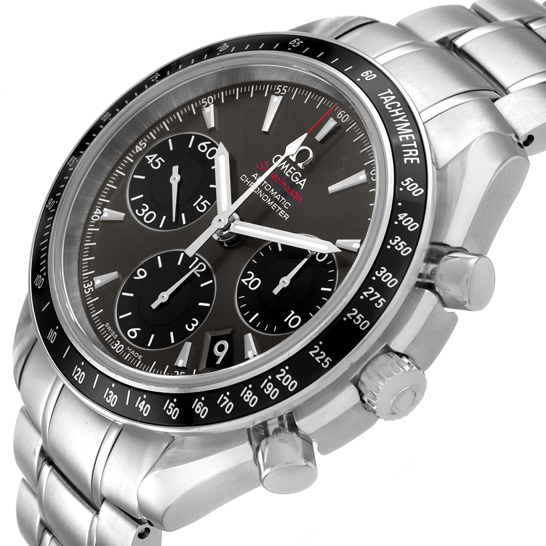 The Omega Speedmaster 323.30.40.40.06.001 Men's Stainless Steel Grey Dial watch is shown at a slight side angle, displaying the face, bezel, pushers, and part of the bracelet.