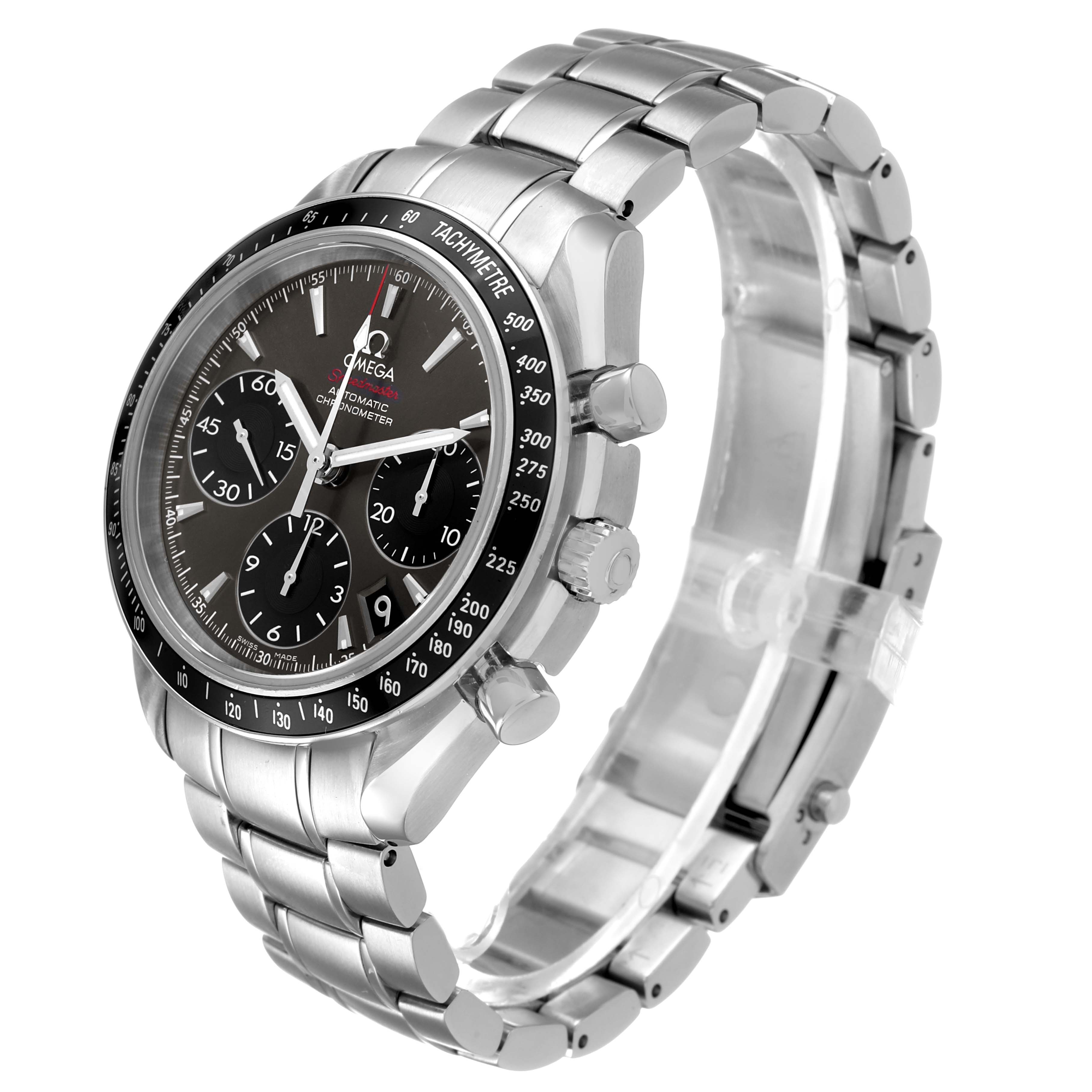 The Omega Speedmaster 323.30.40.40.06.001 Men's Stainless Steel Grey Dial watch is shown in a three-quarter angle, highlighting the dial, bezel, and bracelet.