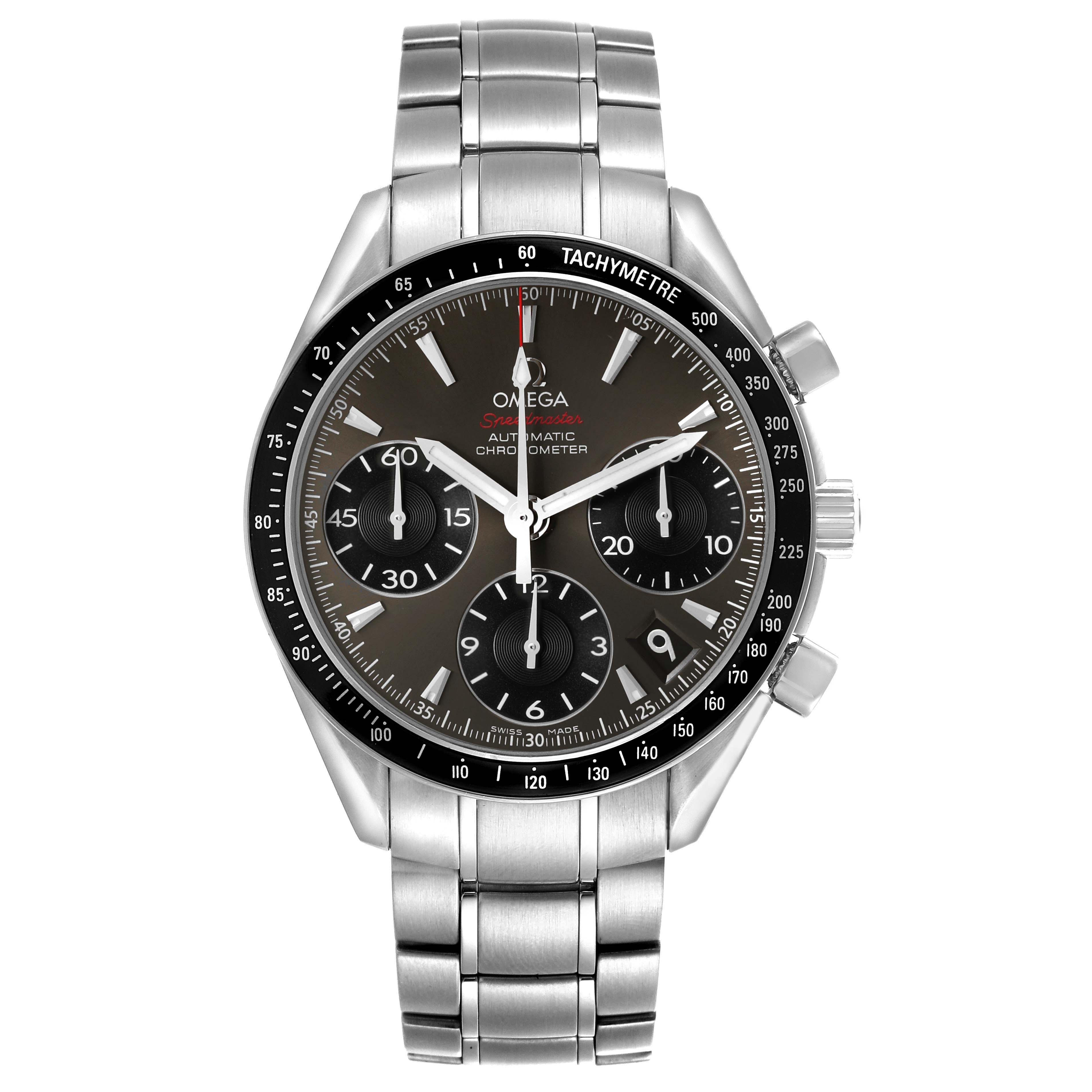 The Omega Speedmaster 323.30.40.40.06.001 Men's Stainless Steel Grey Dial watch is shown from the front, displaying the dial, bezel, chronograph subdials, and steel bracelet.