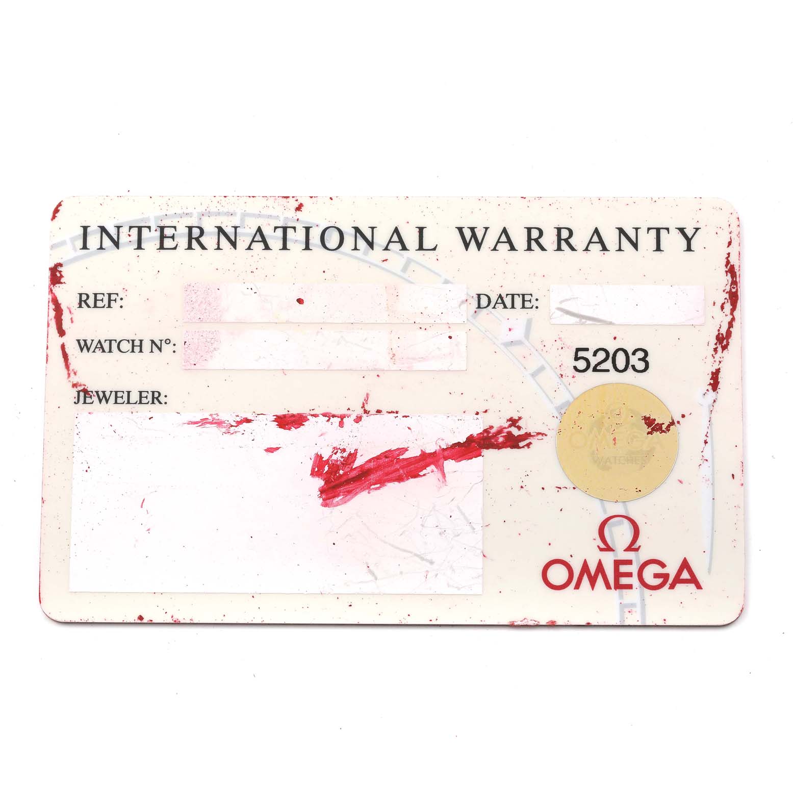 This image shows the front side of the international warranty card for an Omega Seamaster 3513.53.00 Men's Stainless Steel Black Dial 3513.53.00 Men's Stainless Steel Black Dial watch.
