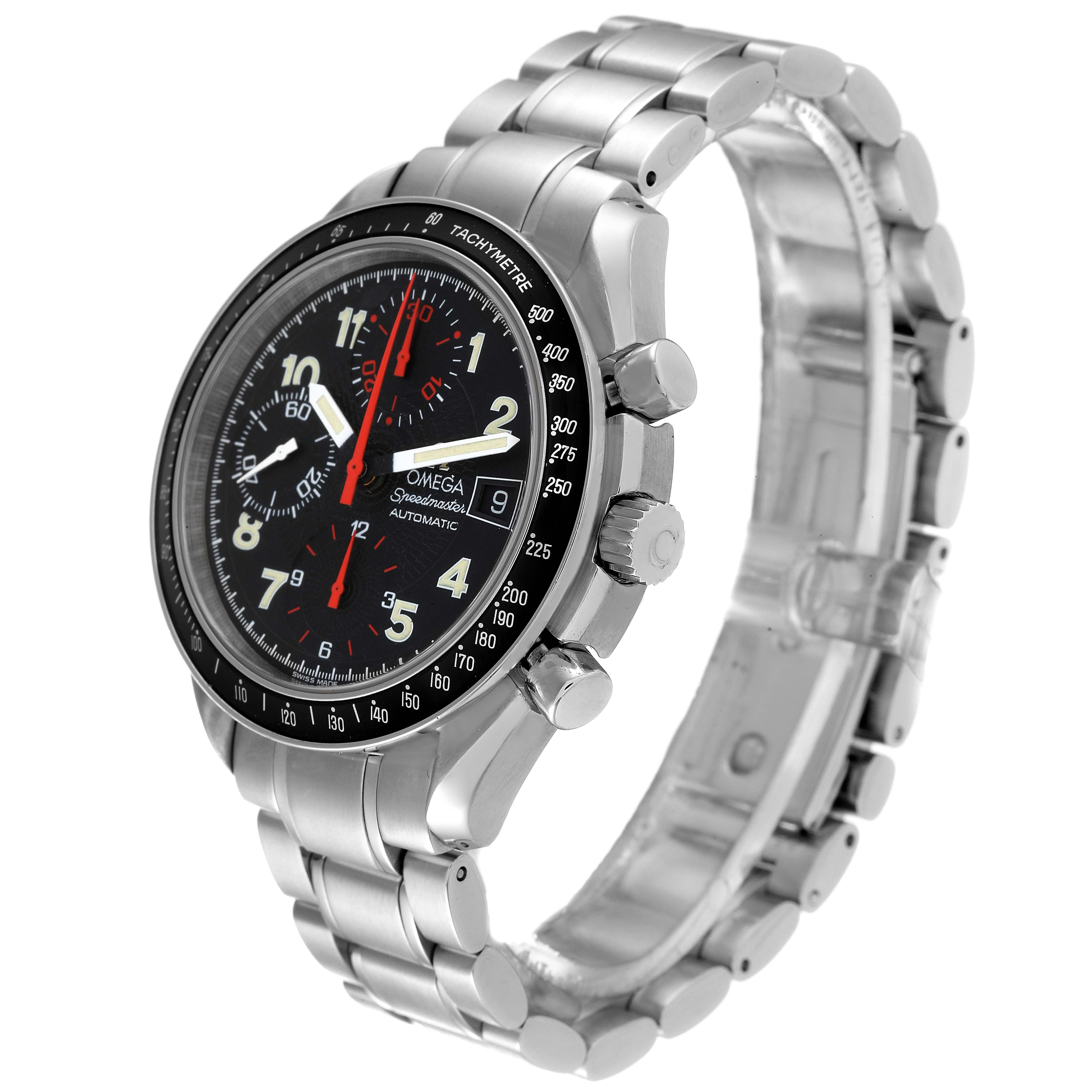 A side-angle view of the Omega Seamaster 3513.53.00 Men's Stainless Steel Black Dial 3513.53.00 Men's Stainless Steel Black Dial watch, showing the face, bezel, crown, pushers, and stainless steel bracelet.