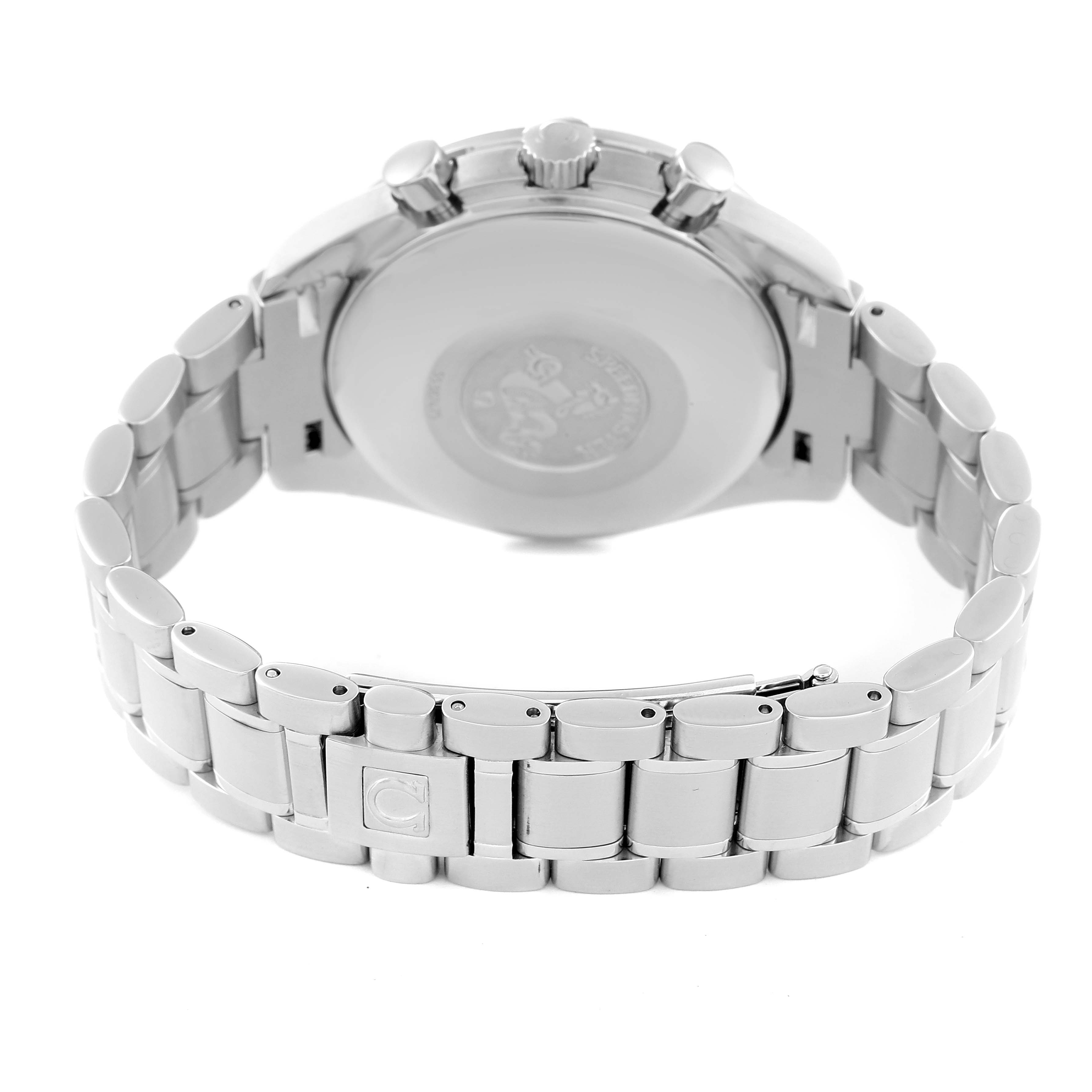 The image shows the back and bracelet of an Omega Seamaster 3513.53.00 Men's Stainless Steel Black Dial 3513.53.00 Men's Stainless Steel Black Dial watch from a rear angle.