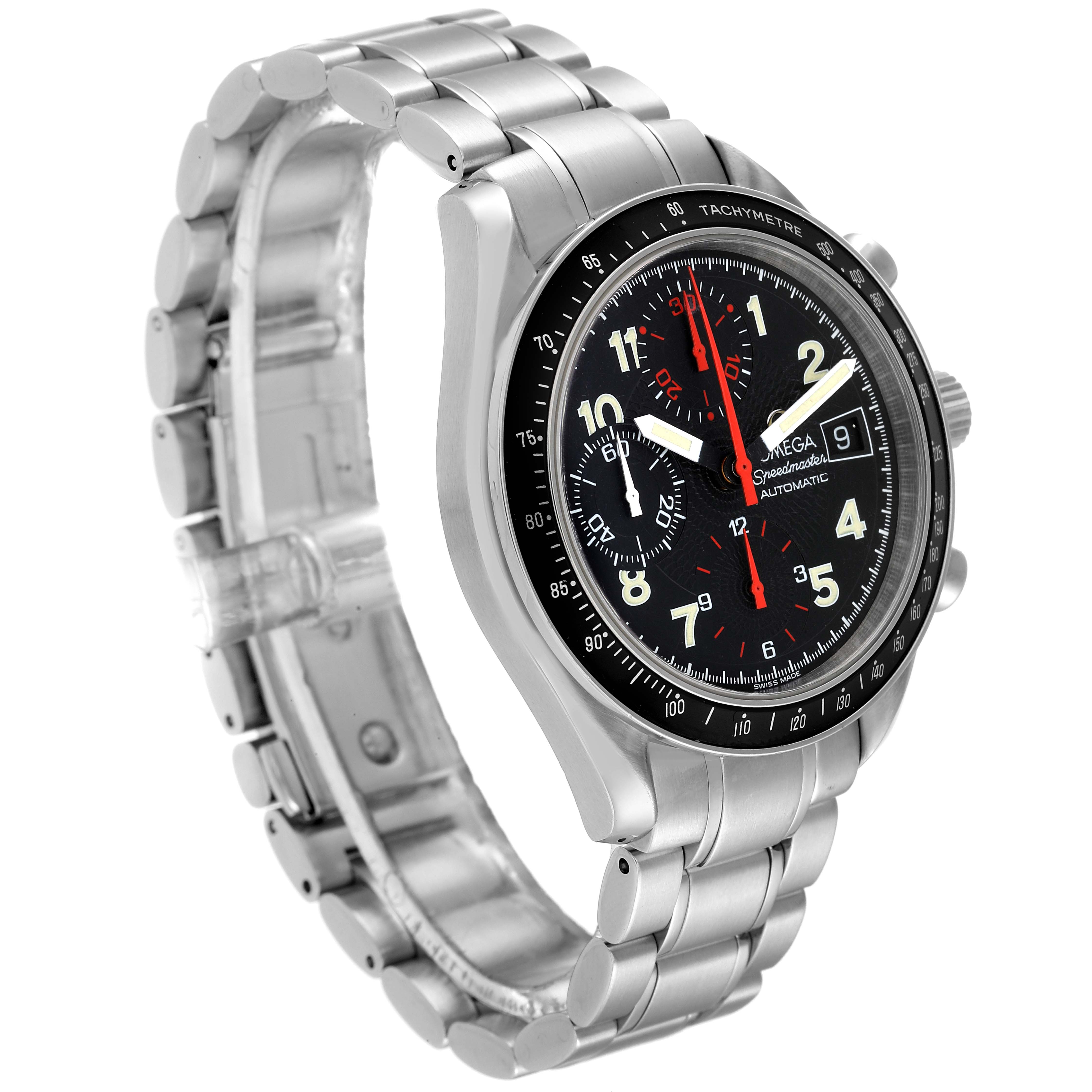 The image shows an Omega Seamaster 3513.53.00 Men's Stainless Steel Black Dial 3513.53.00 Men's Stainless Steel Black Dial watch at an angle highlighting its face, bracelet, and side profile, featuring a tachymeter bezel.