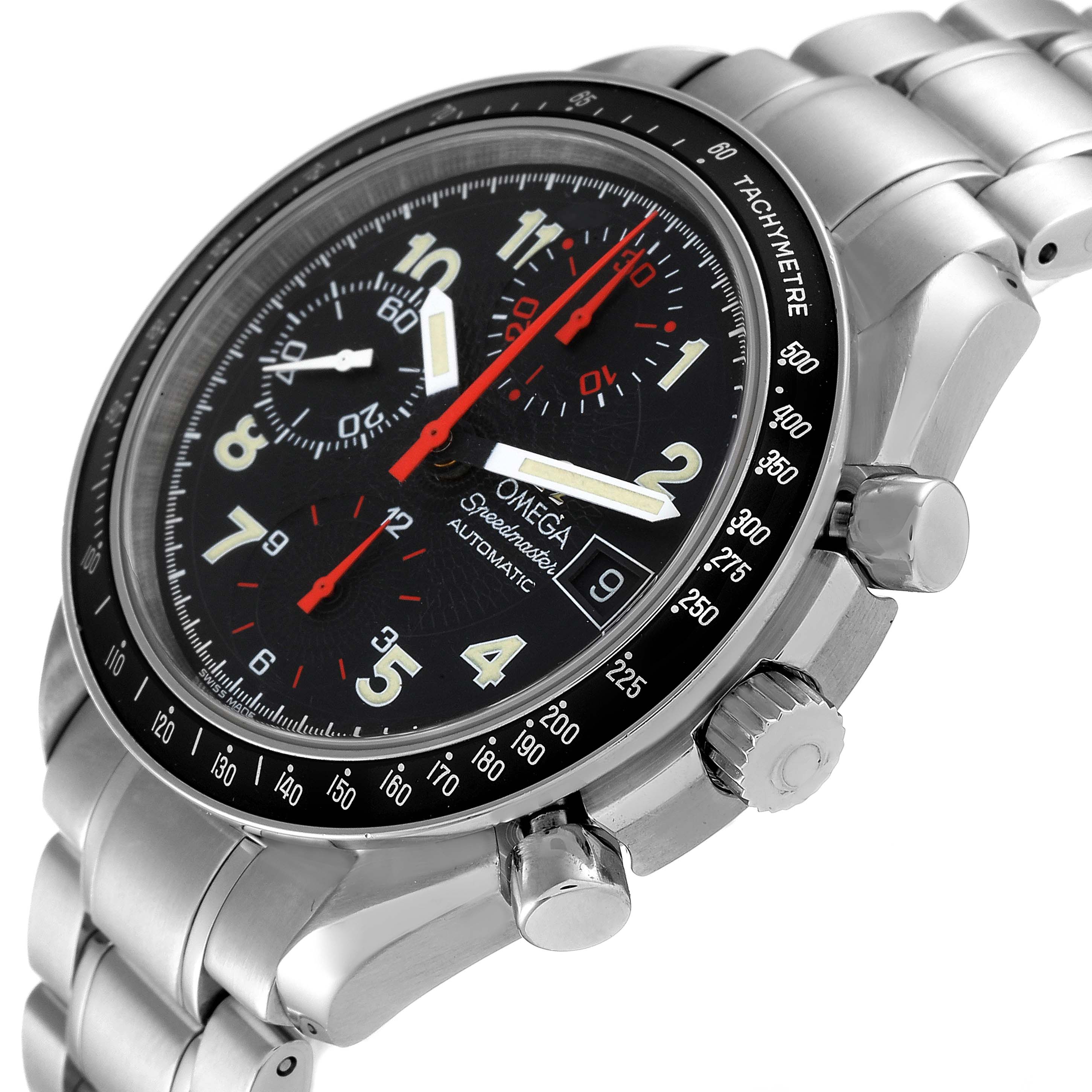 The image shows a close-up angle of the Omega Seamaster 3513.53.00 Men's Stainless Steel Black Dial 3513.53.00 Men's Stainless Steel Black Dial watch, highlighting its dial, bezel, pushers, and crown.