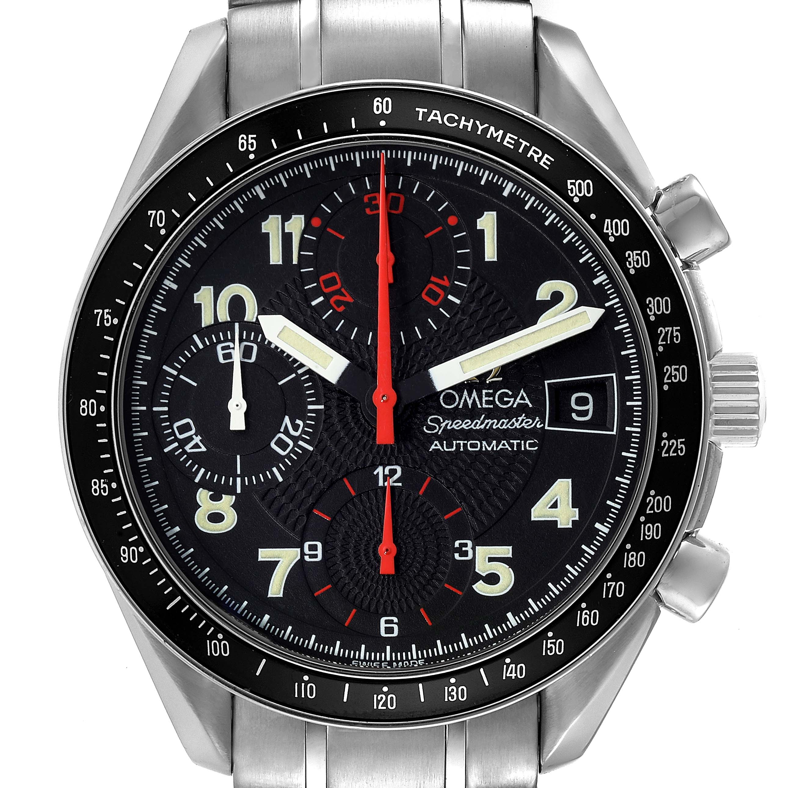 The image shows a front view of the Omega Seamaster 3513.53.00 Men's Stainless Steel Black Dial 3513.53.00 Men's Stainless Steel Black Dial watch, displaying the dial, chronograph, and date window.