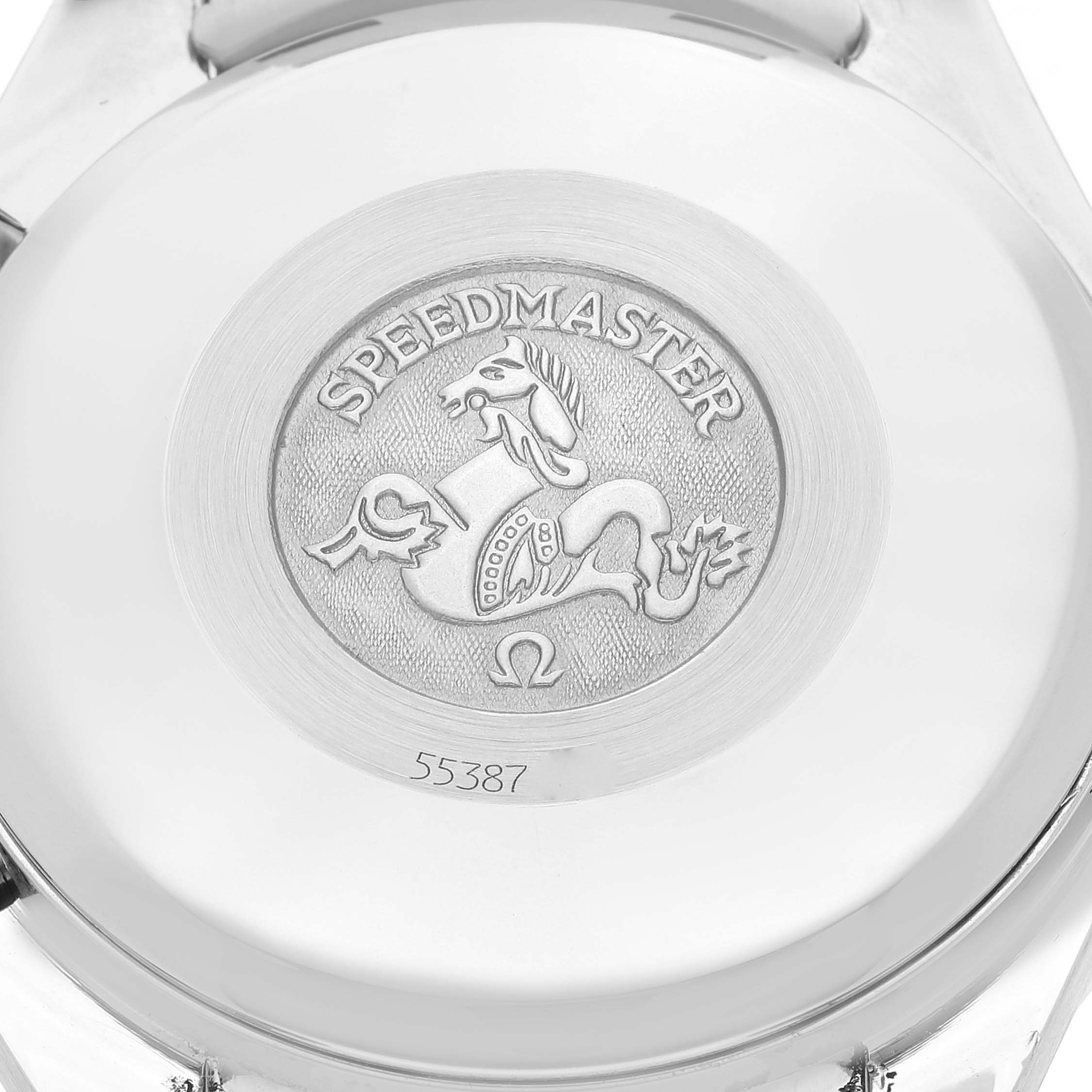 The image shows the back case of an Omega Seamaster 3513.53.00 Men's Stainless Steel Black Dial 3513.53.00 Men's Stainless Steel Black Dial, featuring an engraved emblem and serial number.