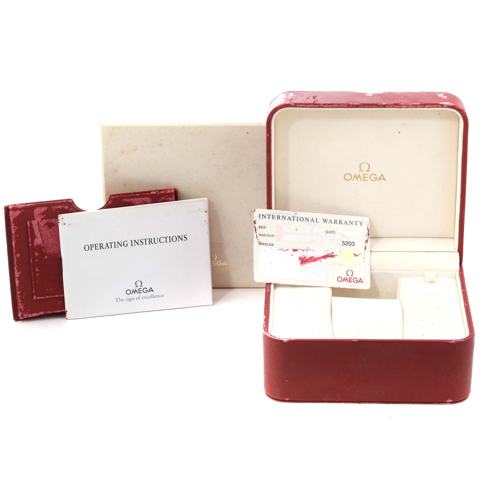 The image shows an Omega Seamaster 3513.53.00 Men's Stainless Steel Black Dial 3513.53.00 Men's Stainless Steel Black Dial watch box, operating instructions, a warranty card, and outer packaging.