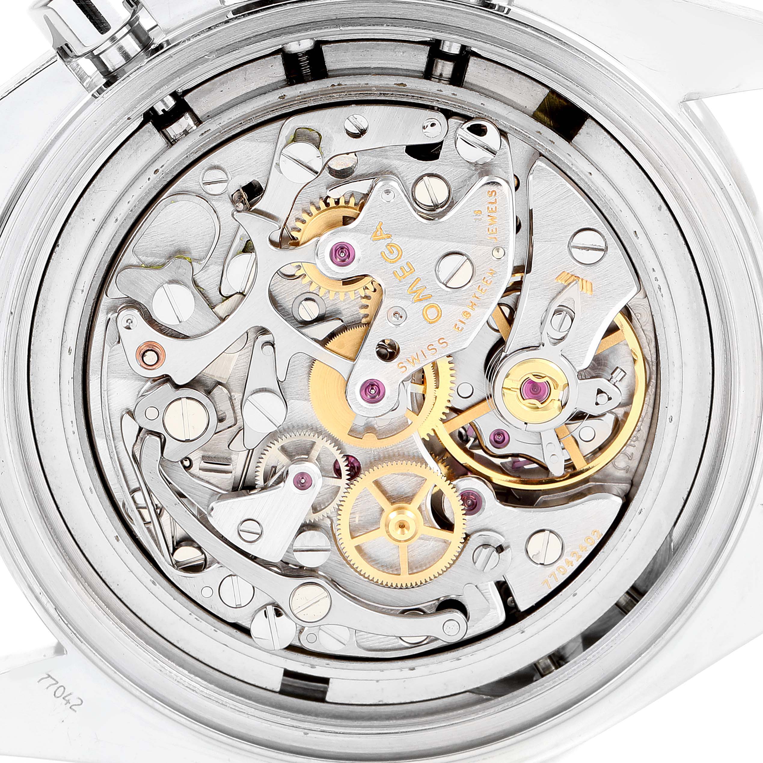 The image shows the movement and intricate internal mechanism of the Omega Speedmaster 3575.20.00 Men's Stainless Steel White Dial 3575.20.00 Men's Stainless Steel White Dial watch from the back angle.