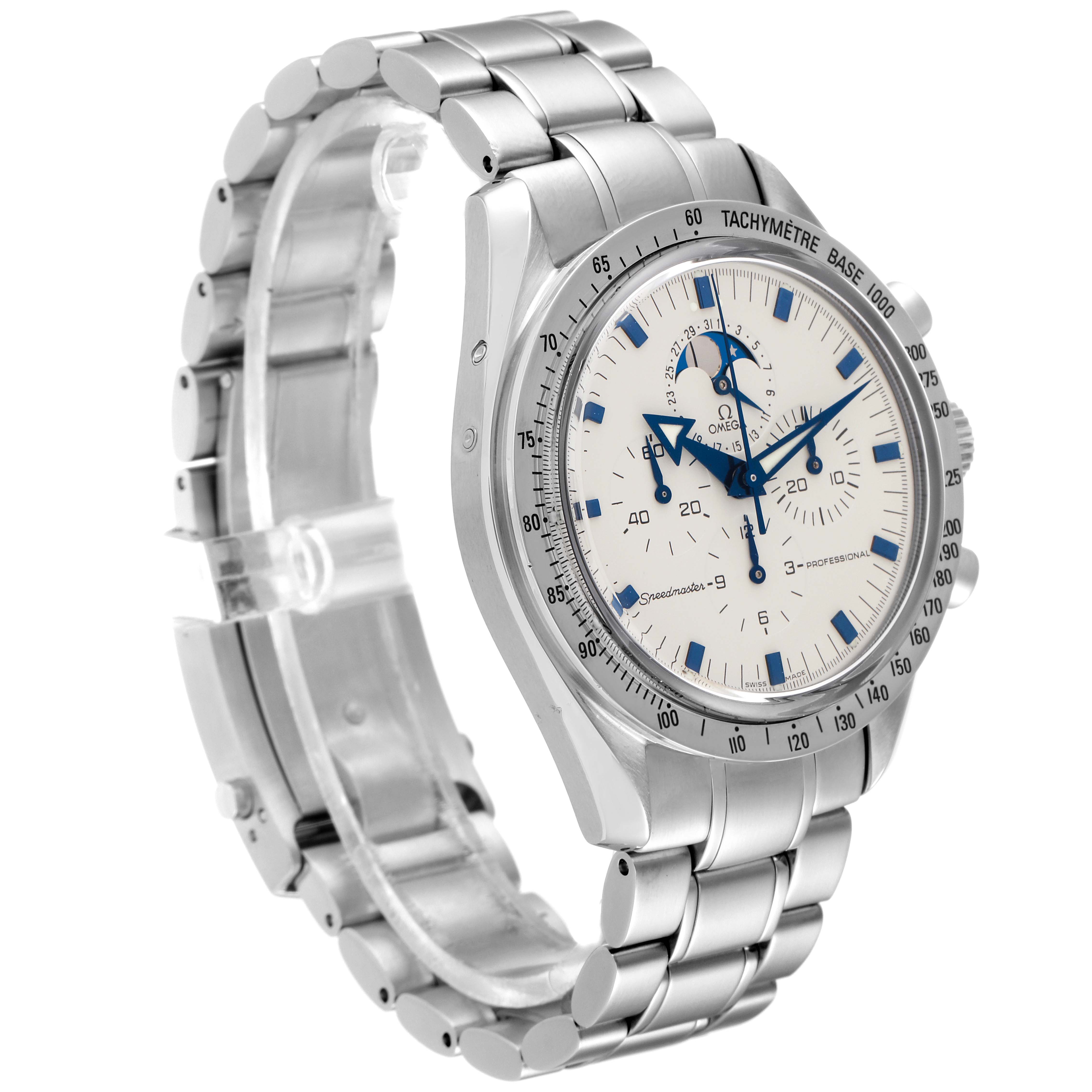 This image shows an Omega Speedmaster 3575.20.00 Men's Stainless Steel White Dial 3575.20.00 Men's Stainless Steel White Dial watch at a slight side angle, highlighting the face, bezel, and stainless steel bracelet.