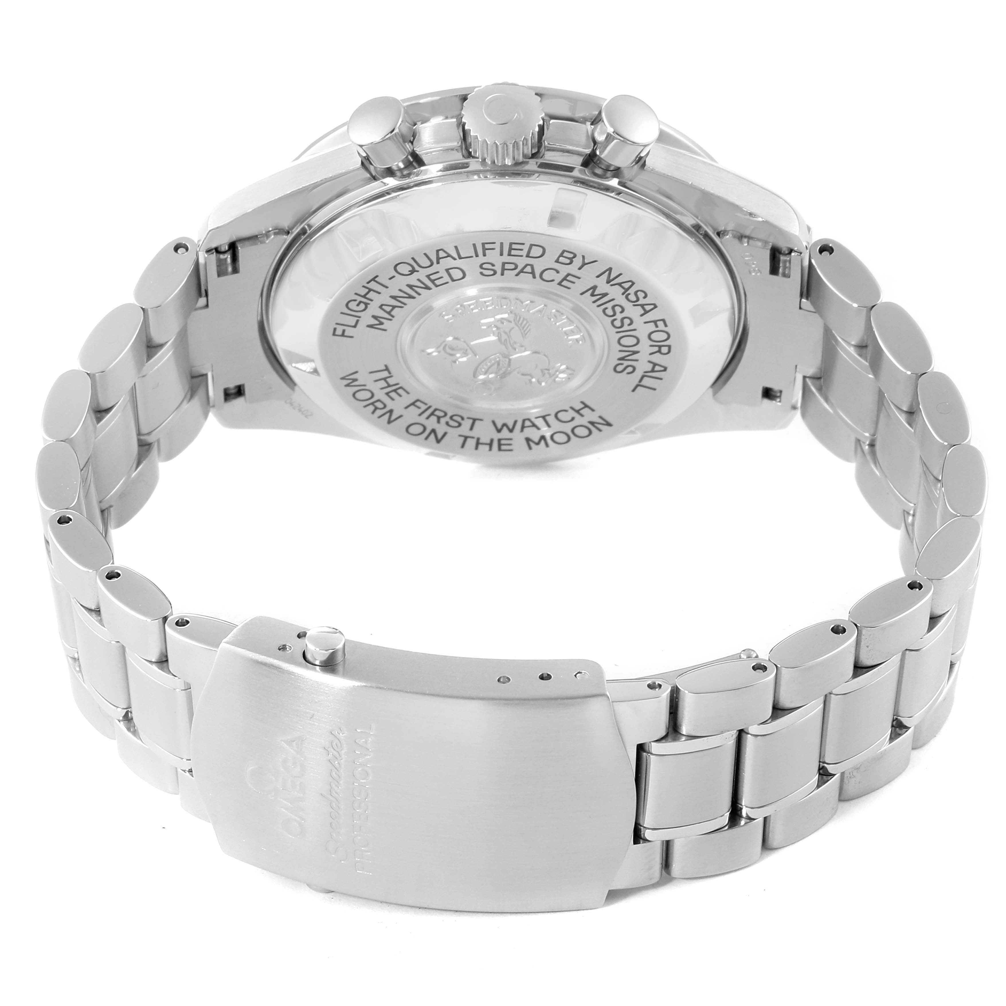 The image shows the back angle of an Omega Speedmaster 3575.20.00 Men's Stainless Steel White Dial 3575.20.00 Men's Stainless Steel White Dial watch, highlighting its case back and stainless steel bracelet.