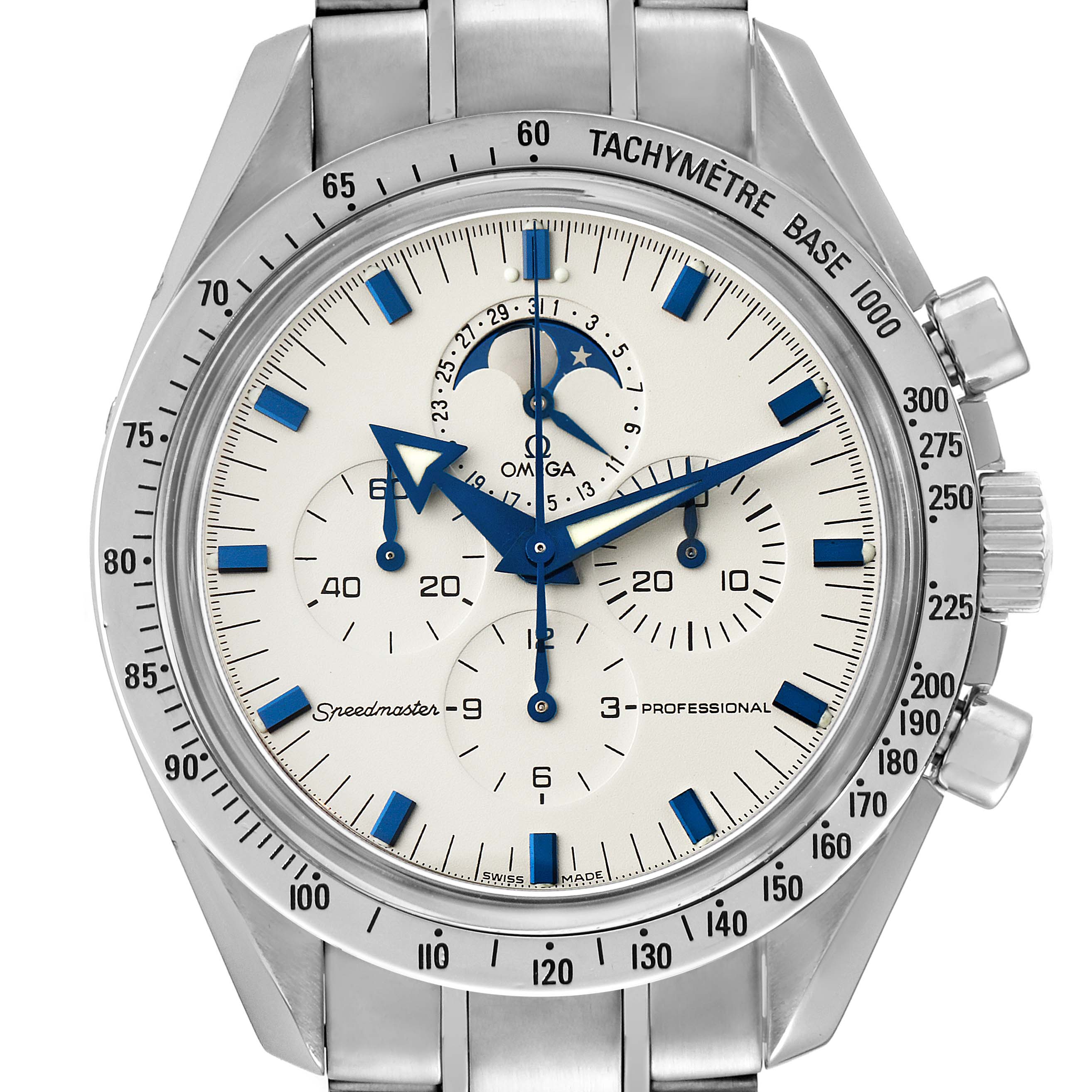 The image shows a close-up, front-facing view of an Omega Speedmaster 3575.20.00 Men's Stainless Steel White Dial 3575.20.00 Men's Stainless Steel White Dial watch, highlighting its dial, sub-dials, and tachymeter bezel.