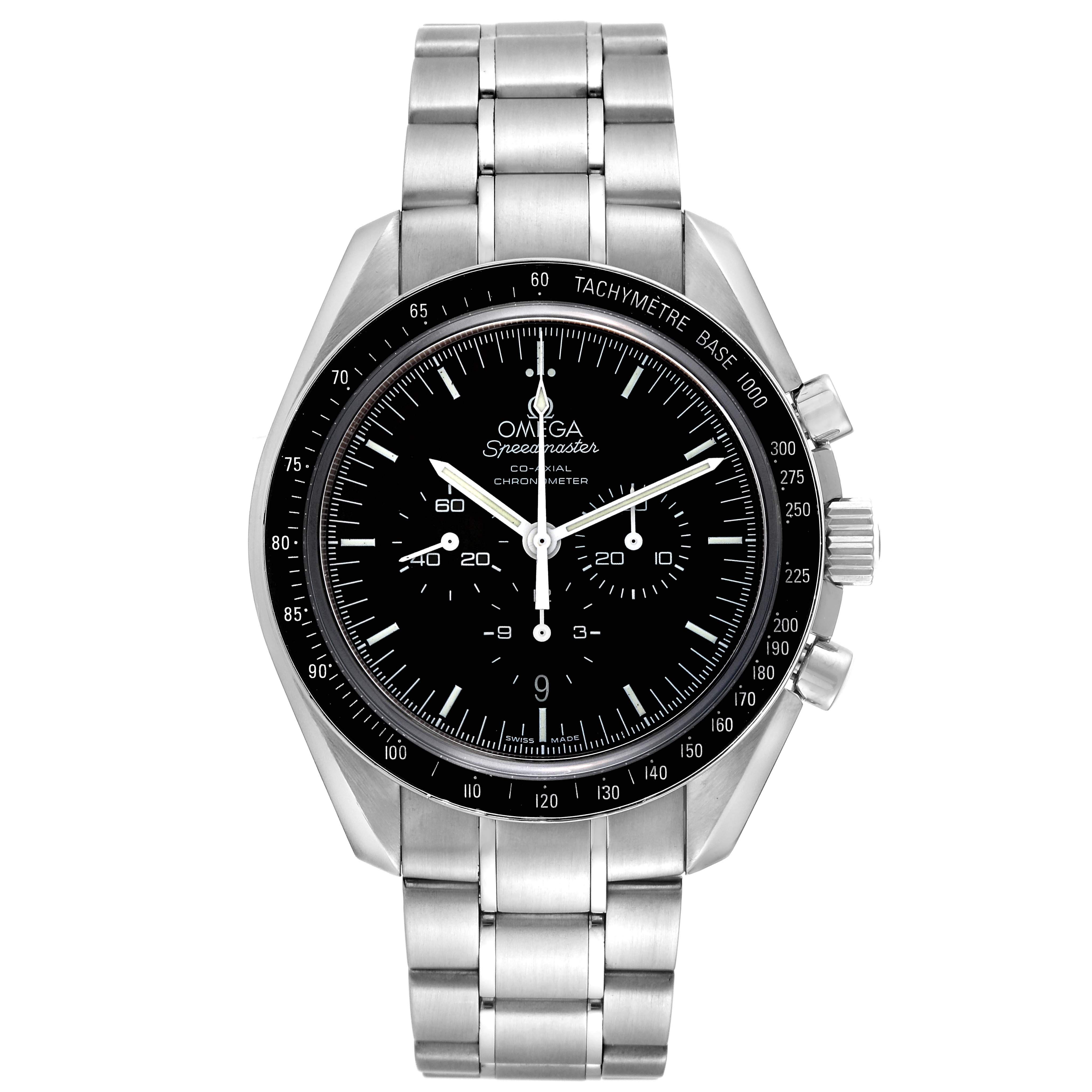 This image shows a front view of the Omega Speedmaster 311.30.44.50.01.002 Men
s Stainless Steel Black Dial 311.30.44.50.01.002 Men
s Stainless Steel Black Dial watch, highlighting its dial, bezel, and stainless steel bracelet.
