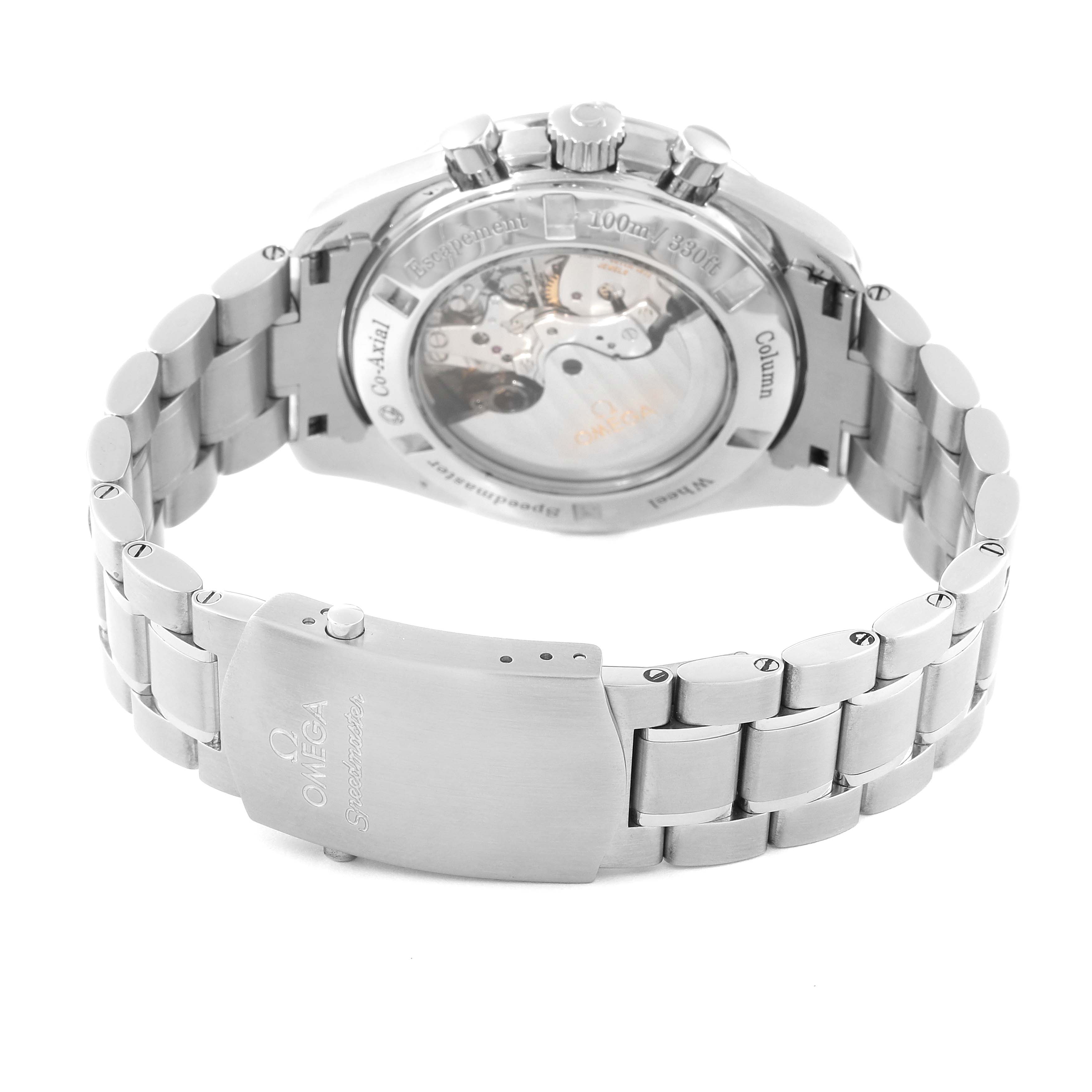 The image shows the back view of an Omega Speedmaster 311.30.44.50.01.002 Men
s Stainless Steel Black Dial 311.30.44.50.01.002 Men
s Stainless Steel Black Dial watch, highlighting its transparent case back and stainless steel bracelet.