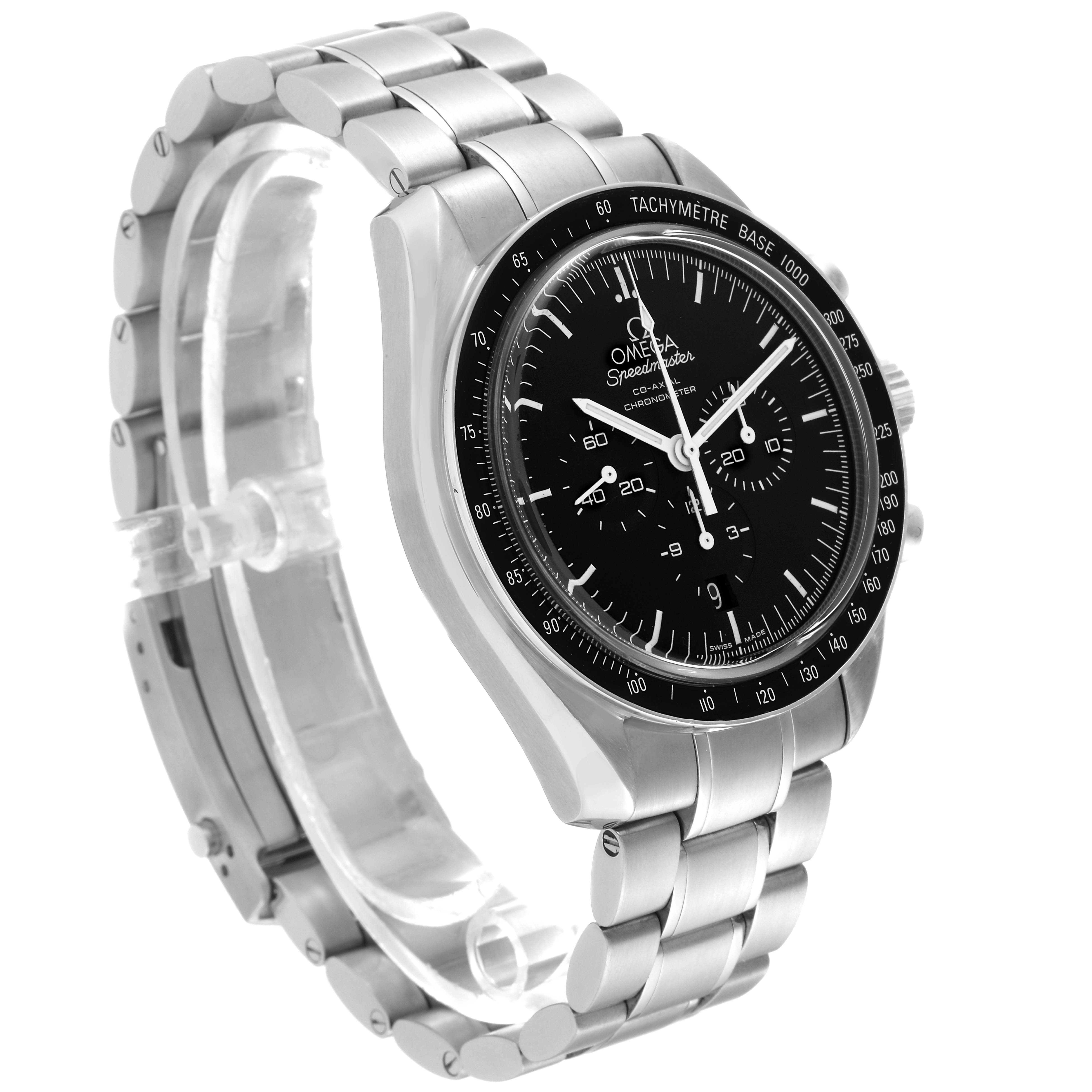 This image shows an Omega Speedmaster 311.30.44.50.01.002 Men
s Stainless Steel Black Dial 311.30.44.50.01.002 Men
s Stainless Steel Black Dial watch from a 3/4 angle, highlighting its dial, bezel, and stainless steel bracelet.