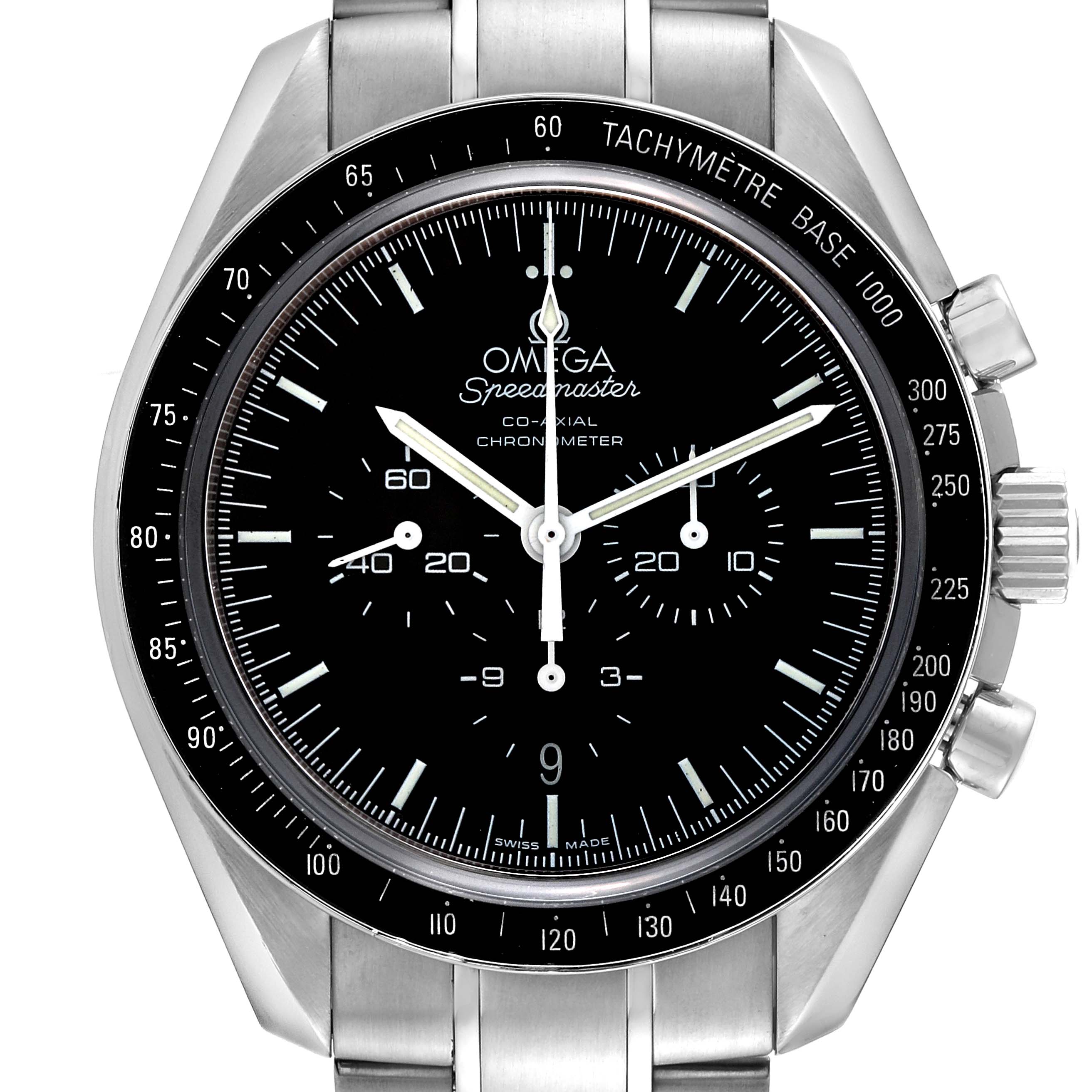 The image shows a frontal view of the Omega Speedmaster 311.30.44.50.01.002 Men
s Stainless Steel Black Dial 311.30.44.50.01.002 Men
s Stainless Steel Black Dial watch, highlighting the face, bezel, and chronograph pushers.
