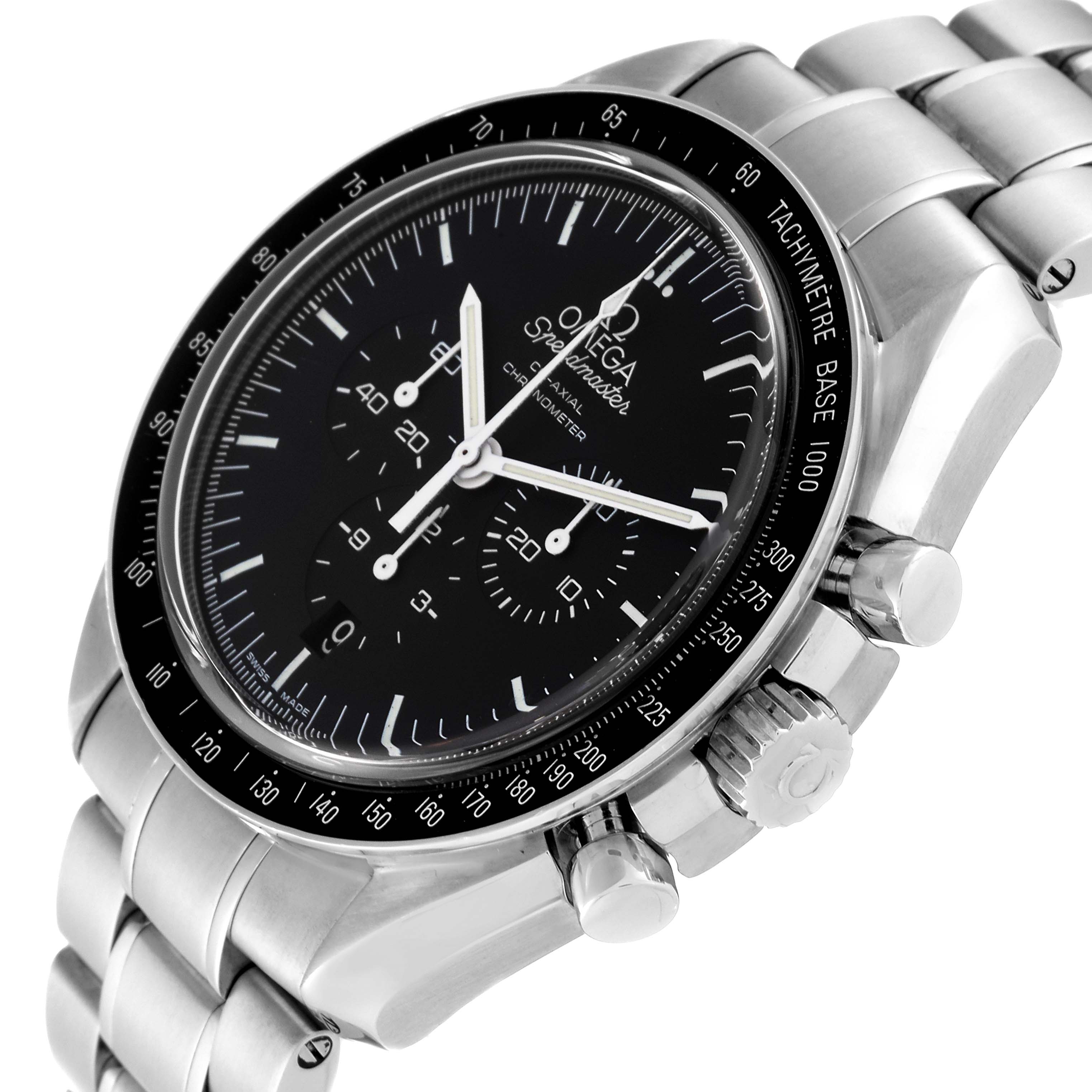 This image shows an angled view of the Omega Speedmaster 311.30.44.50.01.002 Men
s Stainless Steel Black Dial 311.30.44.50.01.002 Men
s Stainless Steel Black Dial watch highlighting its face, bezel, crown, and pushers.