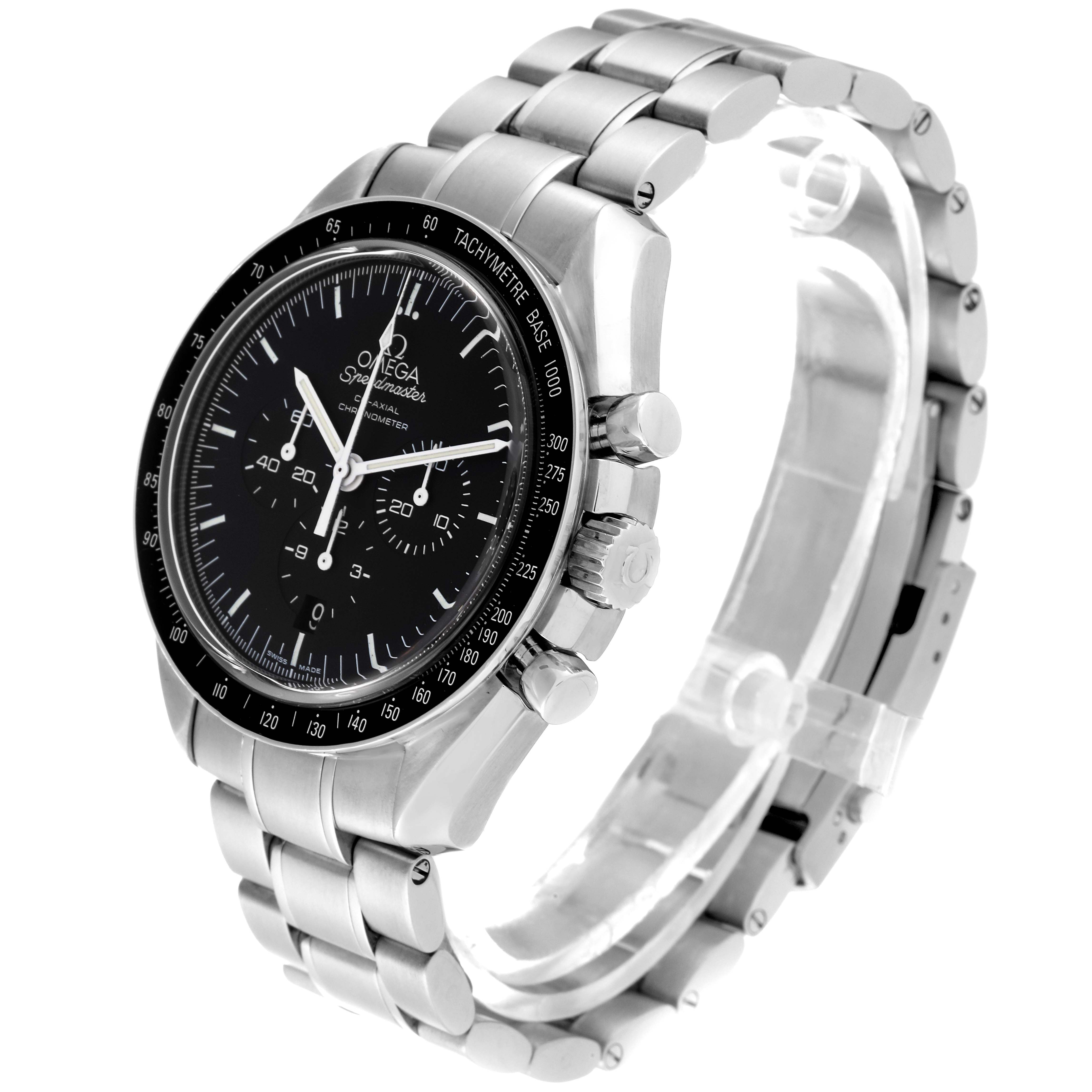 The Omega Speedmaster 311.30.44.50.01.002 Men
s Stainless Steel Black Dial 311.30.44.50.01.002 Men
s Stainless Steel Black Dial watch is shown at a three-quarter angle displaying the face, bezel, crown, pushers, and bracelet.