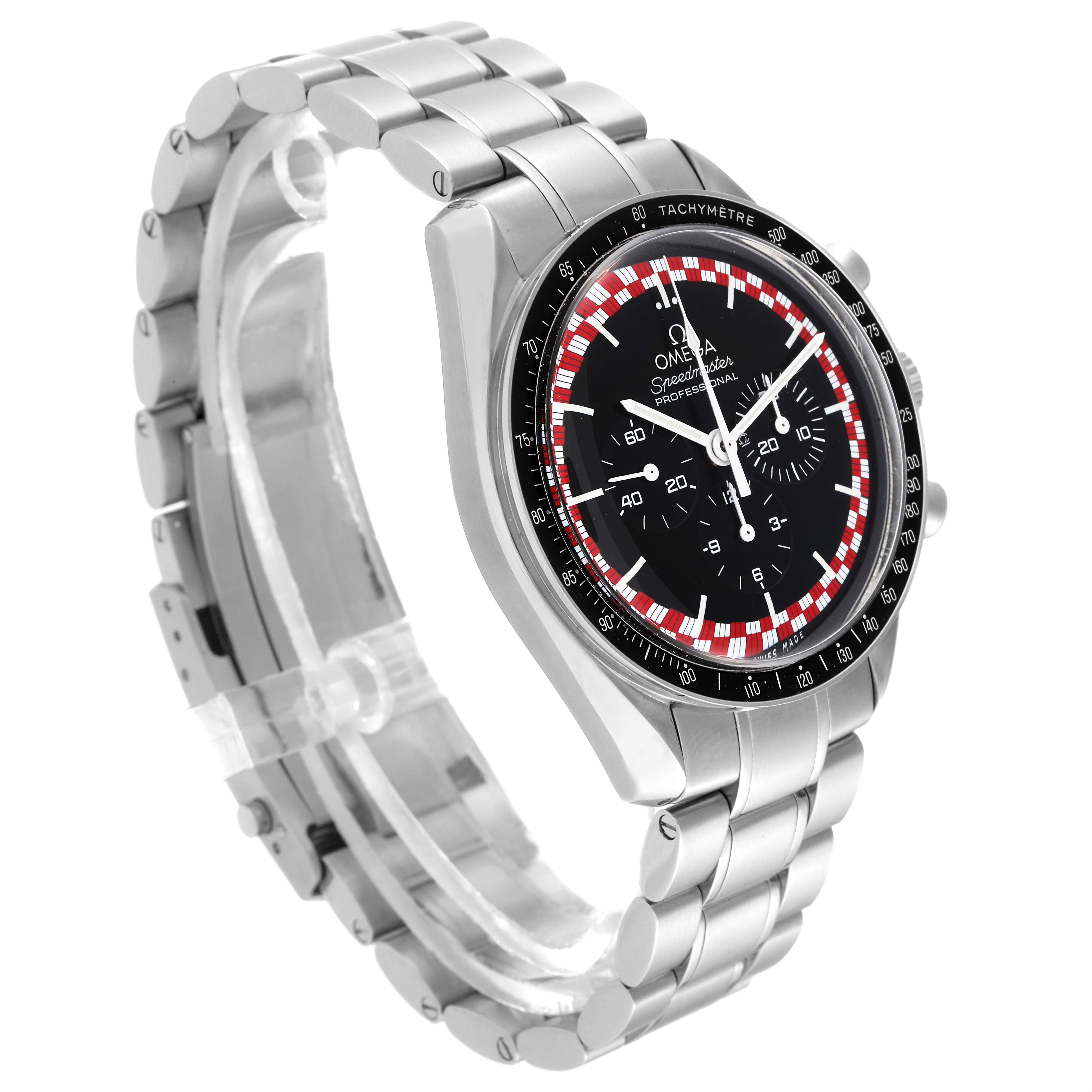 The image shows an Omega Speedmaster 311.30.42.30.01.004 Men
s Stainless Steel Black Dial 311.30.42.30.01.004 Men
s Stainless Steel Black Dial watch from a left side angle, highlighting the bracelet and face clearly.