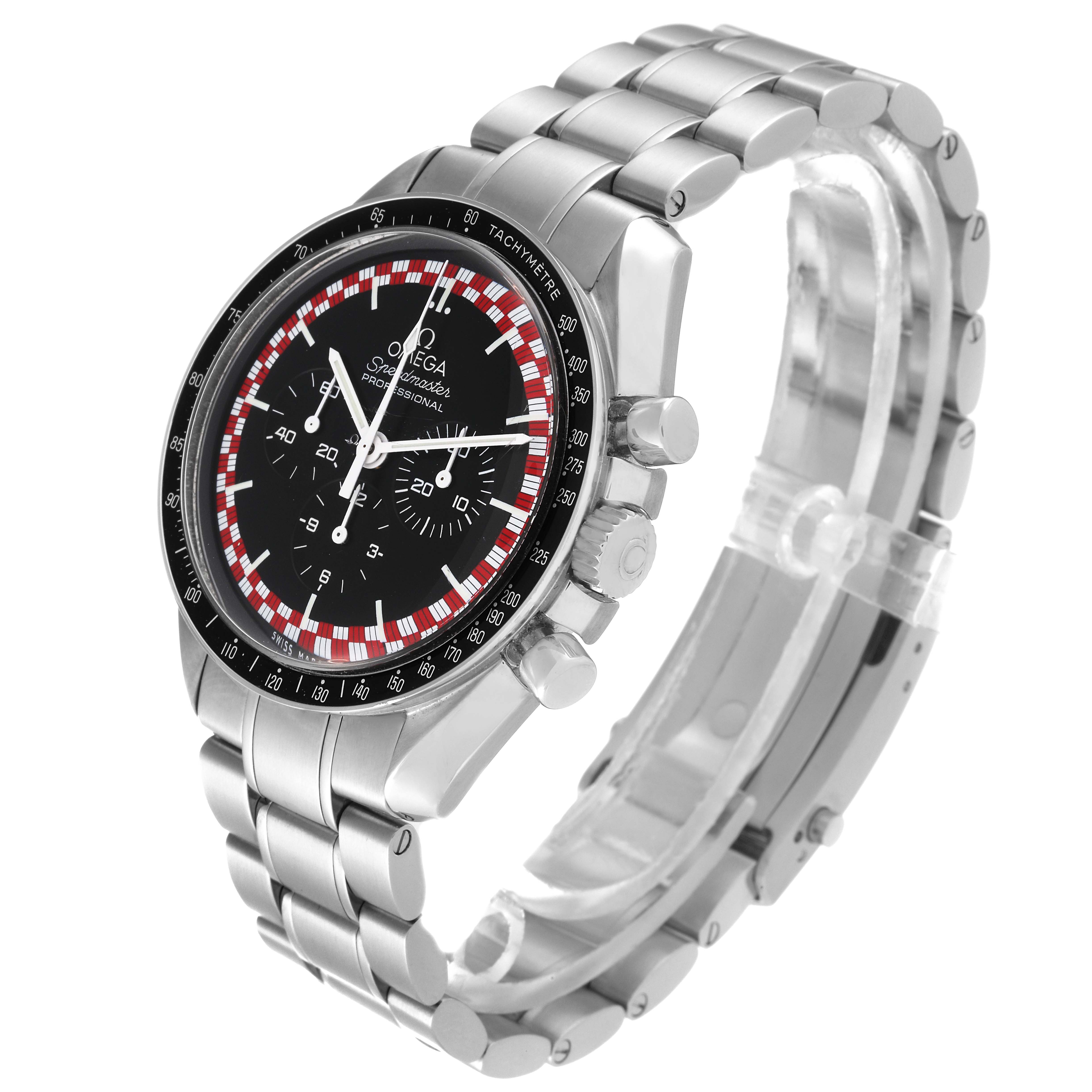 The image shows an Omega Speedmaster 311.30.42.30.01.004 Men
s Stainless Steel Black Dial 311.30.42.30.01.004 Men
s Stainless Steel Black Dial watch at a three-quarter angle, highlighting the bezel, dial, subdials, and bracelet.