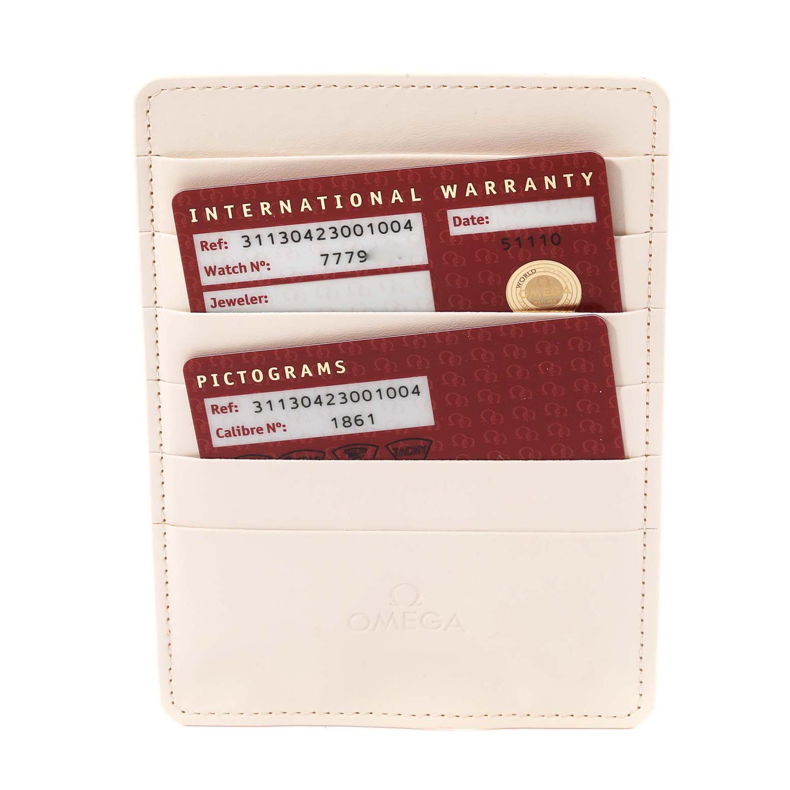 This image shows the warranty and pictogram cards for the Omega Speedmaster 311.30.42.30.01.004 Men
s Stainless Steel Black Dial 311.30.42.30.01.004 Men
s Stainless Steel Black Dial model in a white card holder.