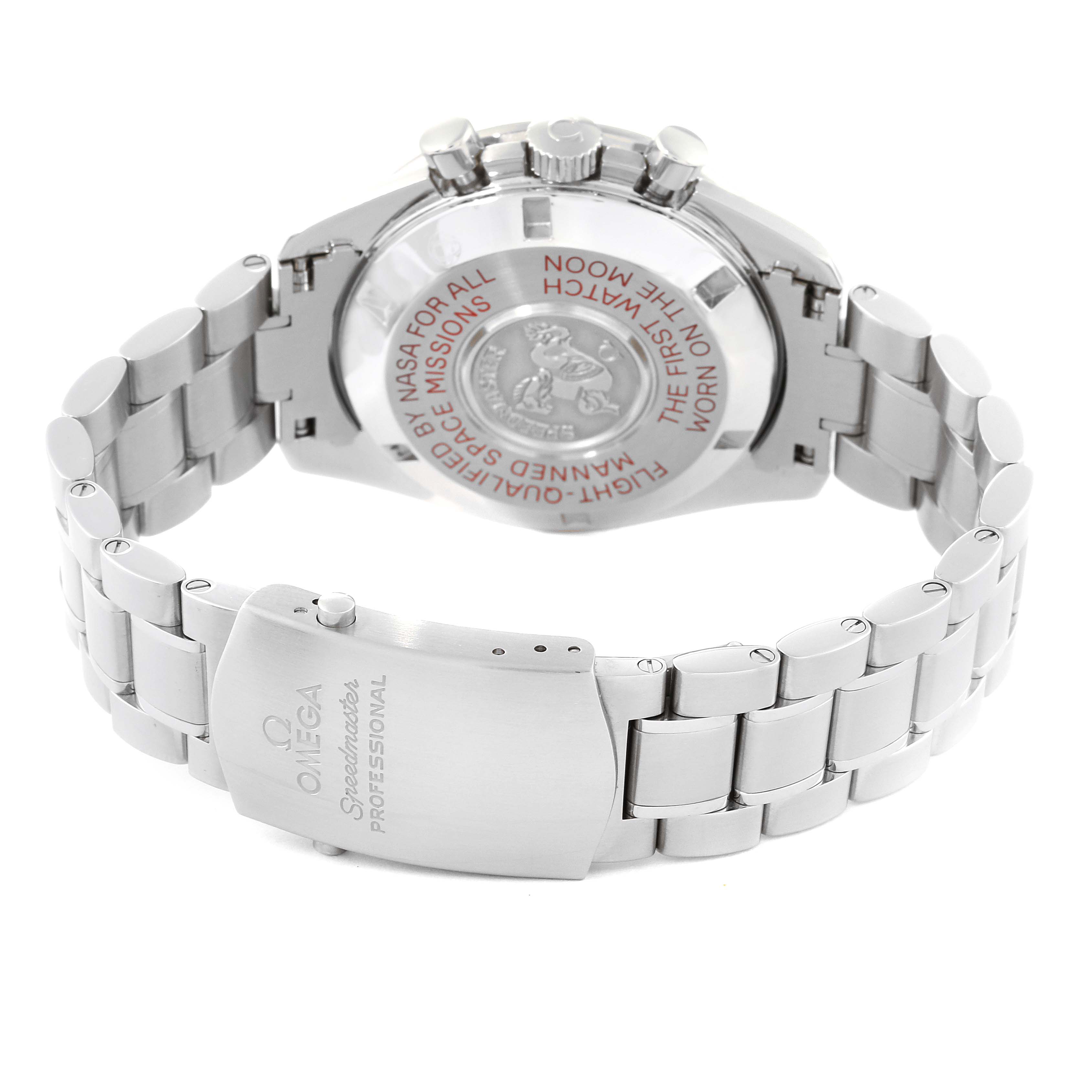 The image shows the back and clasp of an Omega Speedmaster 311.30.42.30.01.004 Men
s Stainless Steel Black Dial 311.30.42.30.01.004 Men
s Stainless Steel Black Dial, highlighting the engraved details and metal bracelet.