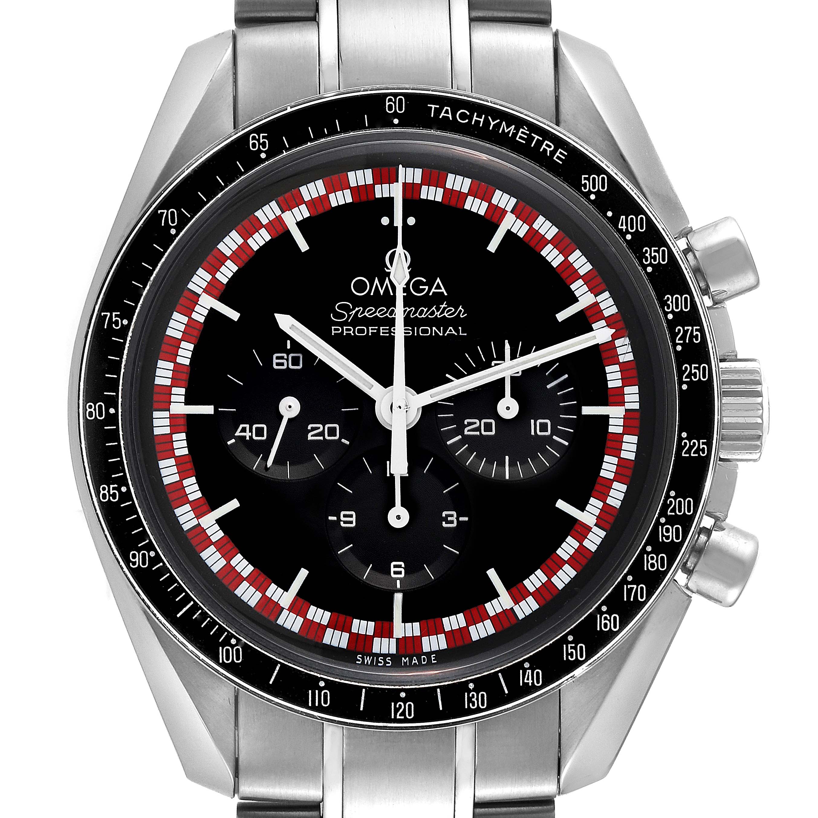 This image shows a frontal view of an Omega Speedmaster 311.30.42.30.01.004 Men
s Stainless Steel Black Dial 311.30.42.30.01.004 Men
s Stainless Steel Black Dial watch, highlighting the dial, tachymeter bezel, and sub-dials.