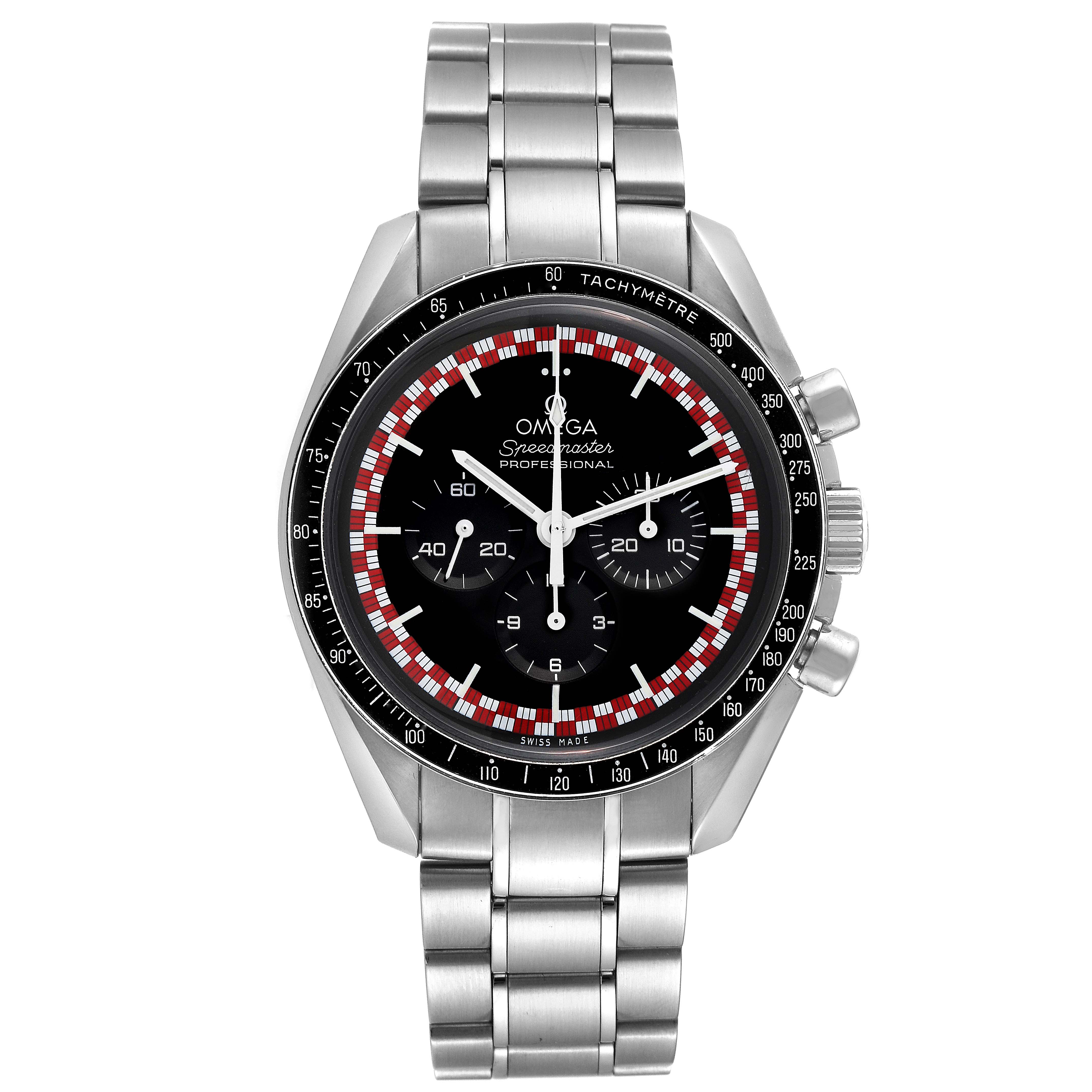 This image shows a front view of the Omega Speedmaster 311.30.42.30.01.004 Men
s Stainless Steel Black Dial 311.30.42.30.01.004 Men
s Stainless Steel Black Dial Professional watch, displaying its face and metal bracelet.
