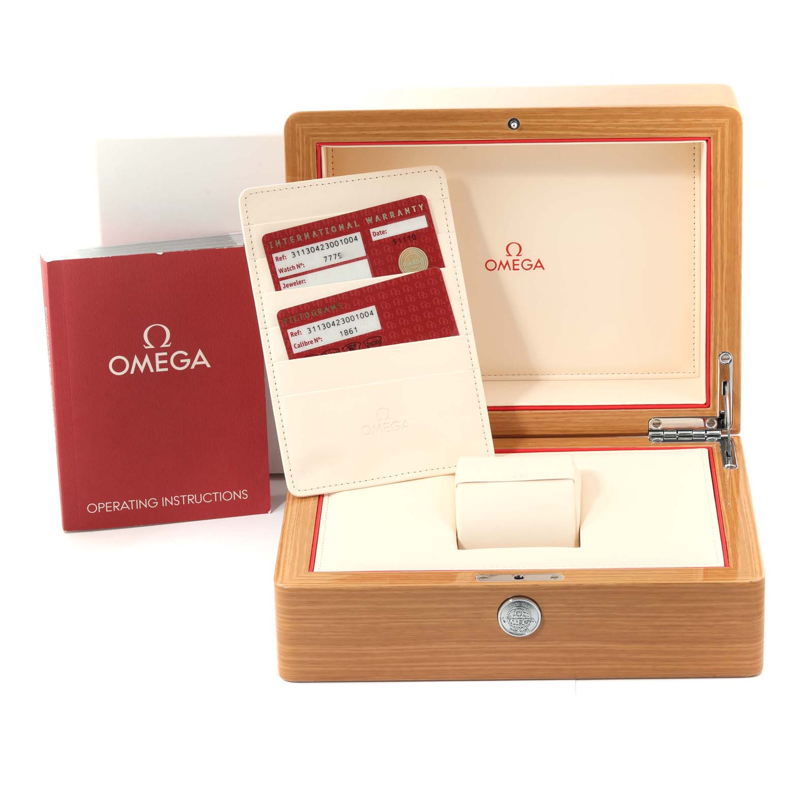 The image shows the packaging for an Omega Speedmaster 311.30.42.30.01.004 Men
s Stainless Steel Black Dial 311.30.42.30.01.004 Men
s Stainless Steel Black Dial watch, including the opened box, warranty cards, and operating instructions.