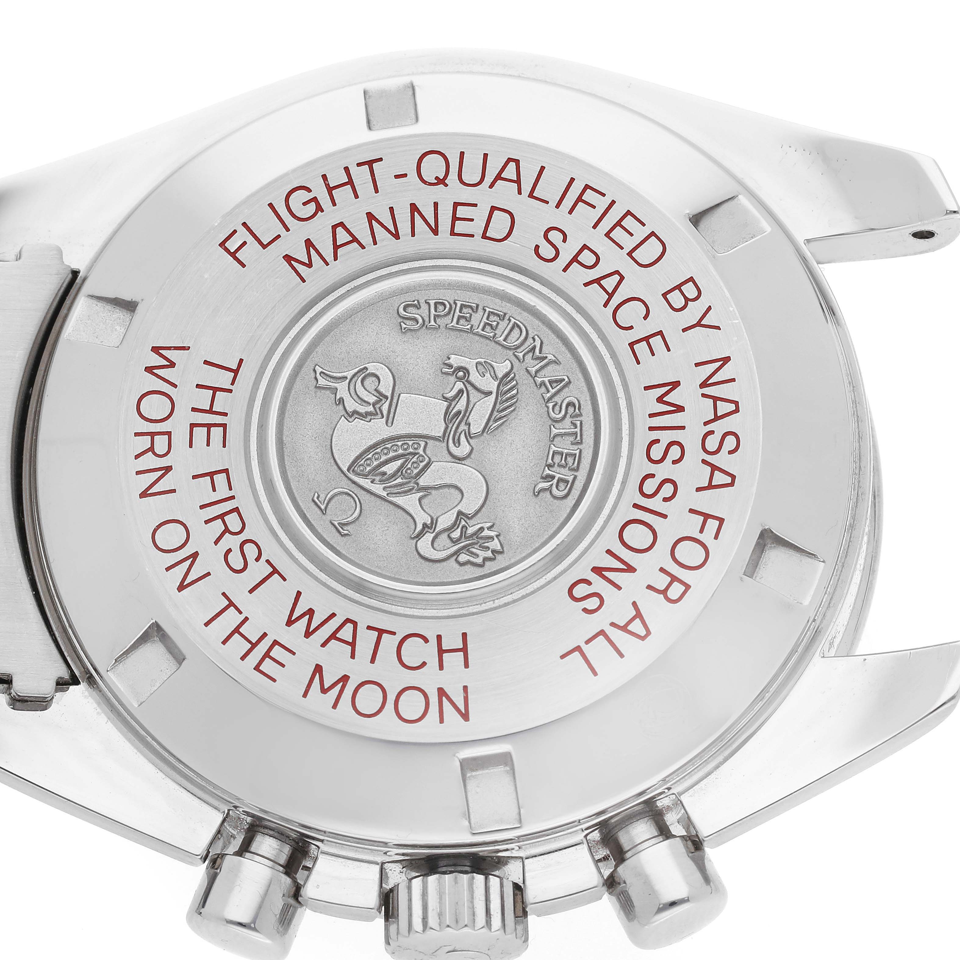 The image shows the case back of an Omega Speedmaster 311.30.42.30.01.004 Men
s Stainless Steel Black Dial 311.30.42.30.01.004 Men
s Stainless Steel Black Dial watch, highlighting its inscription and the crown.