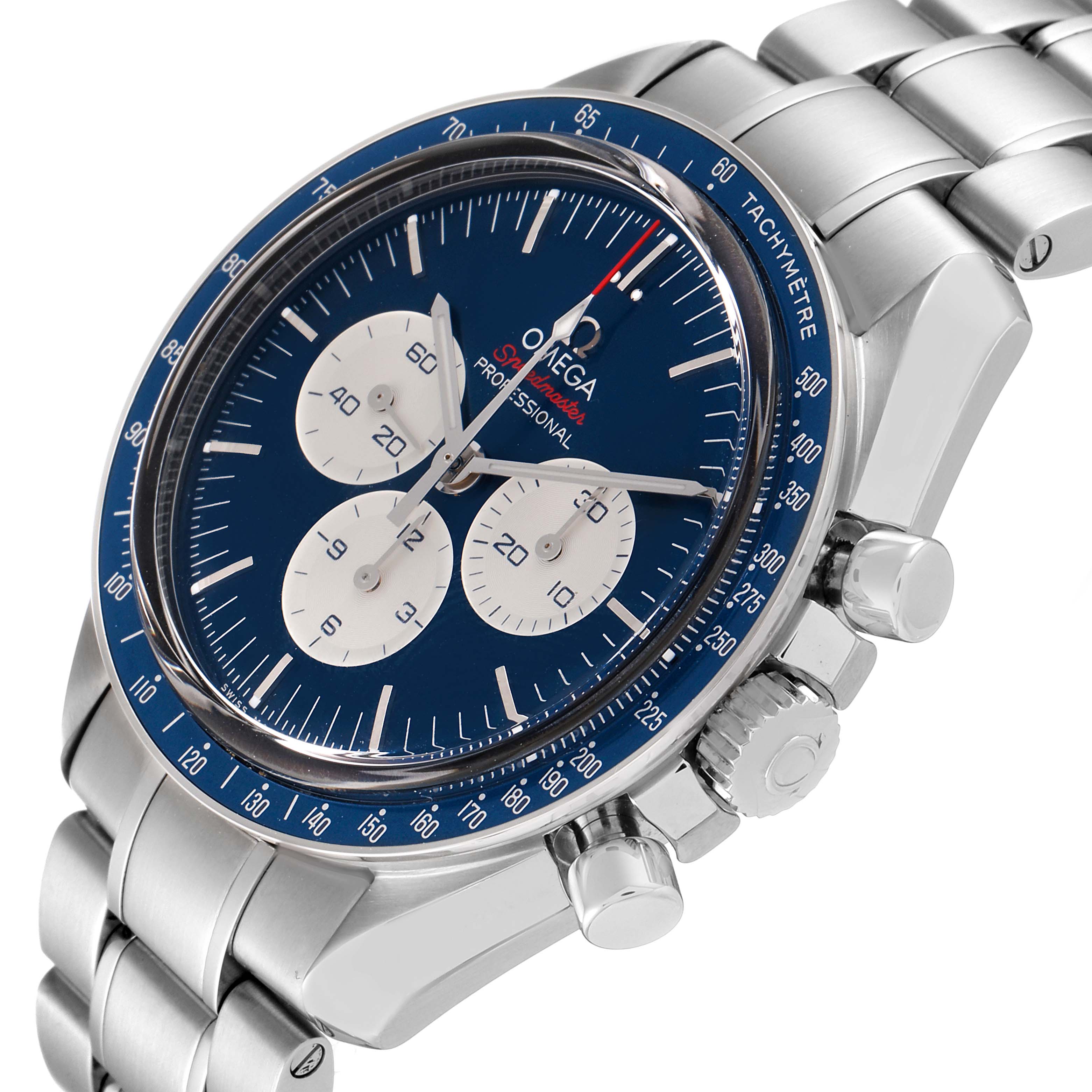 The Omega Speedmaster 522.30.42.30.03.001 Men's Stainless Steel Blue Dial 522.30.42.30.03.001 Men's Stainless Steel Blue Dial watch is shown at an oblique angle, displaying its face, tachymeter bezel, and part of the stainless steel bracelet.