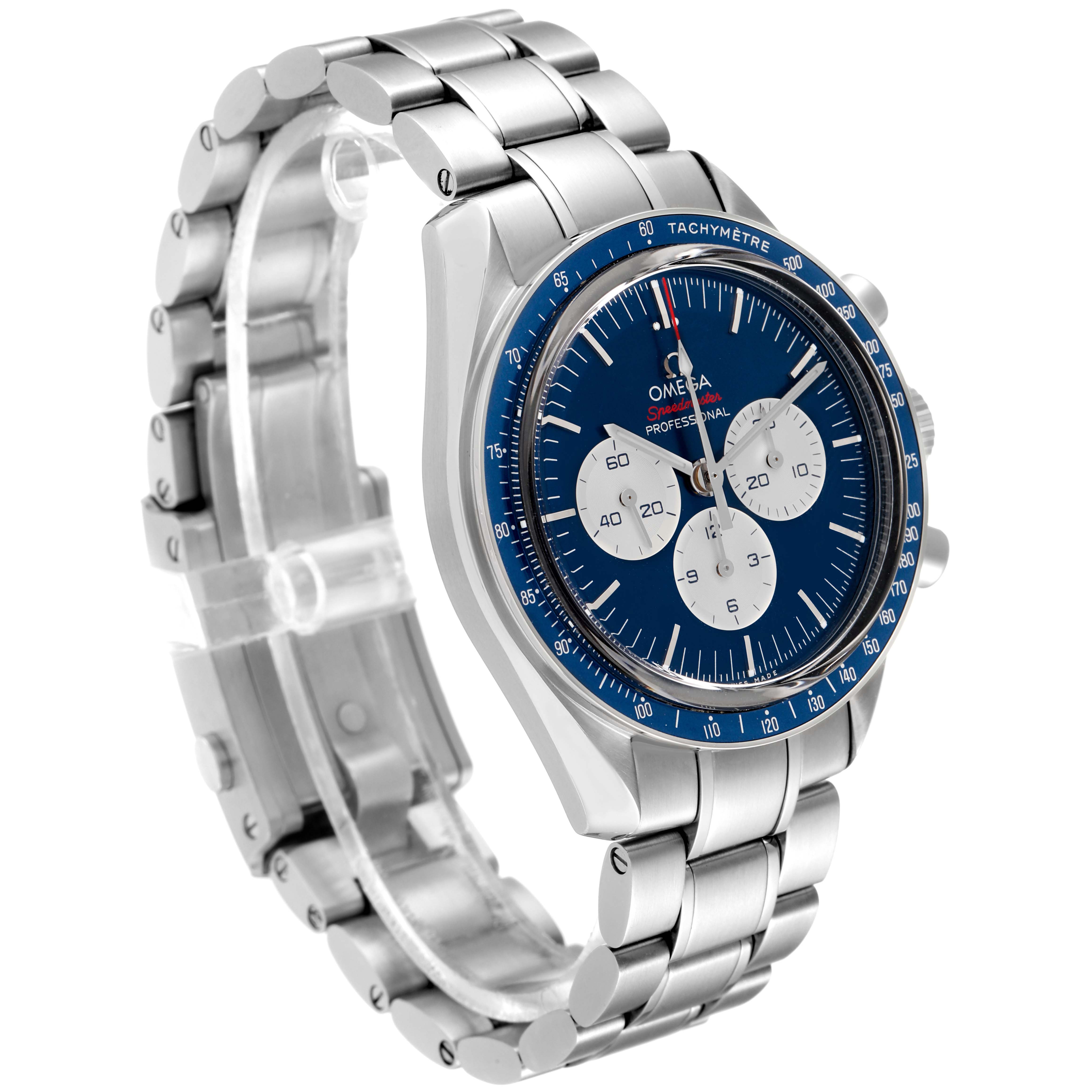 The image shows an angled view of an Omega Speedmaster 522.30.42.30.03.001 Men's Stainless Steel Blue Dial 522.30.42.30.03.001 Men's Stainless Steel Blue Dial, displaying its face, bezel, and metal bracelet.