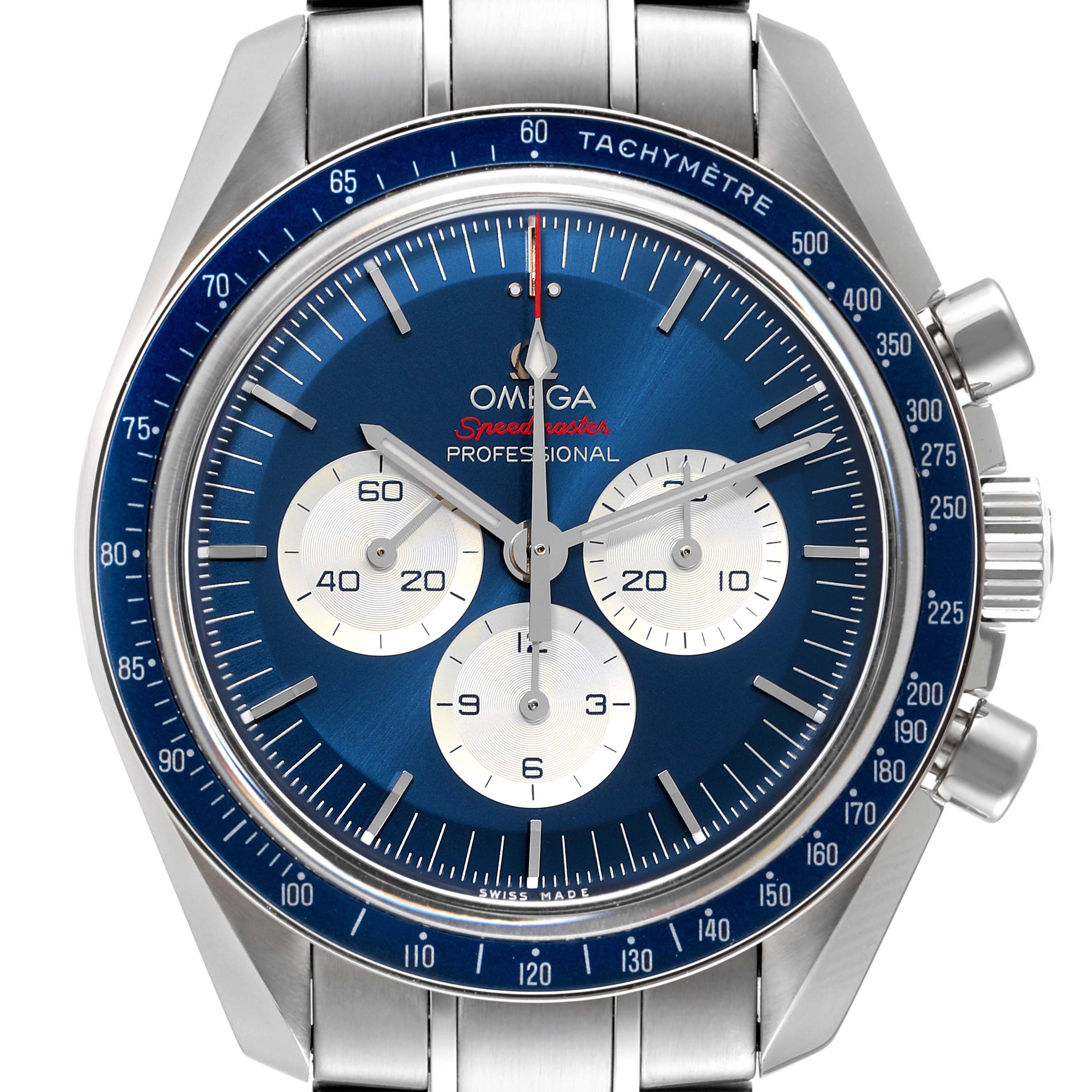 This image shows a front view of the Omega Speedmaster 522.30.42.30.03.001 Men's Stainless Steel Blue Dial 522.30.42.30.03.001 Men's Stainless Steel Blue Dial Professional watch, highlighting its dial, sub-dials, tachymeter bezel, and stainless steel bracelet.