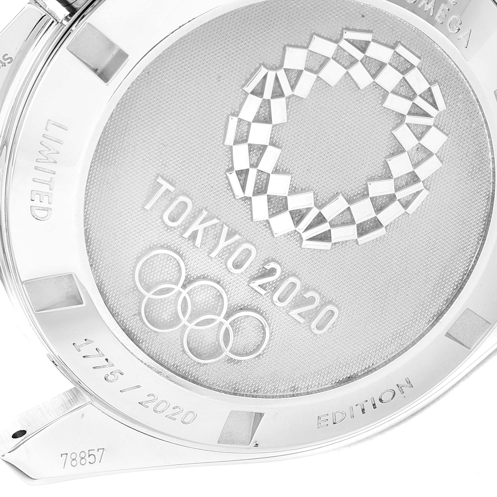 The image shows the back case of an Omega Speedmaster 522.30.42.30.03.001 Men's Stainless Steel Blue Dial 522.30.42.30.03.001 Men's Stainless Steel Blue Dial watch, featuring Tokyo 2020 Olympics engravings.