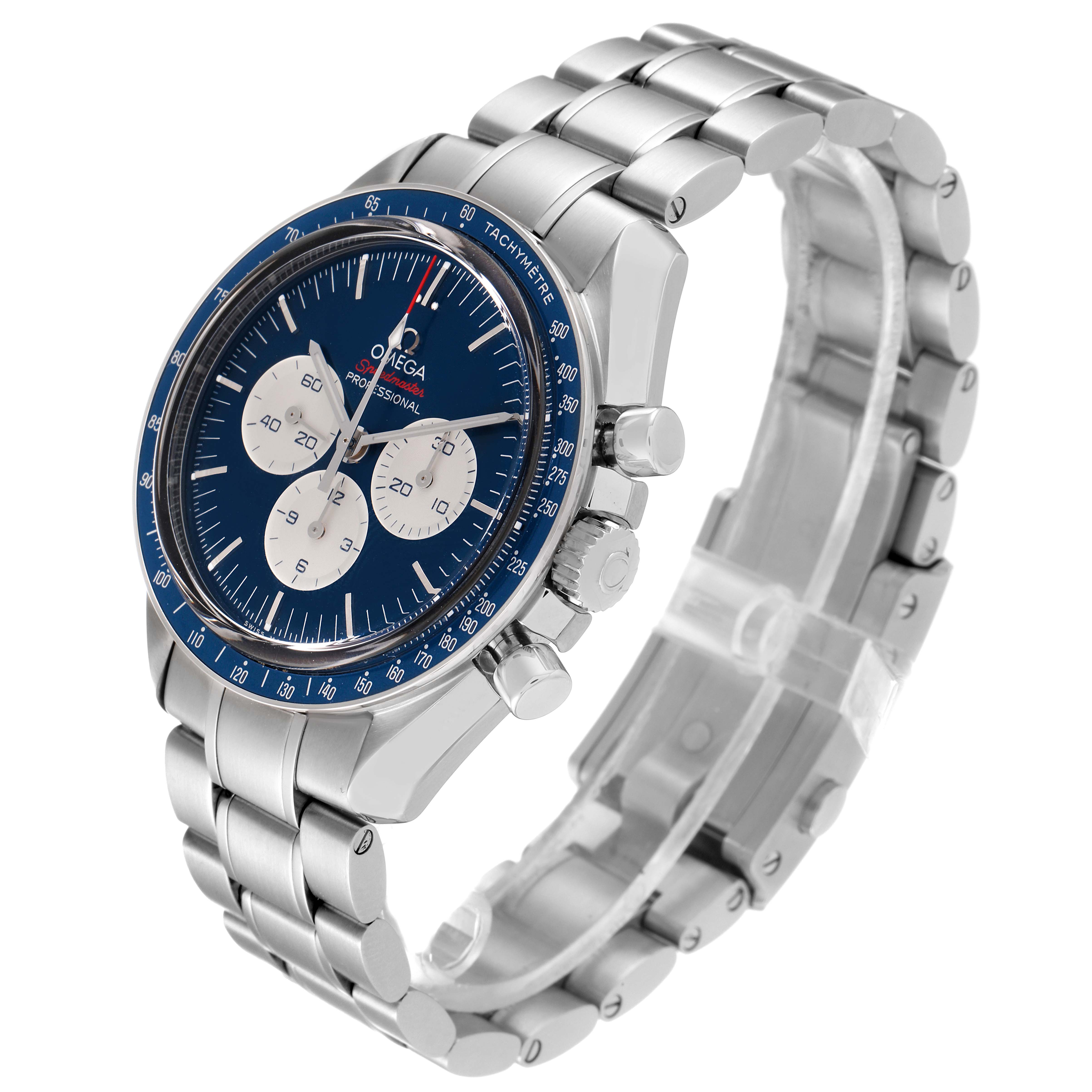 The Omega Speedmaster 522.30.42.30.03.001 Men's Stainless Steel Blue Dial 522.30.42.30.03.001 Men's Stainless Steel Blue Dial watch is shown from an angled side view, displaying the face, bezel, crown, and metal bracelet.