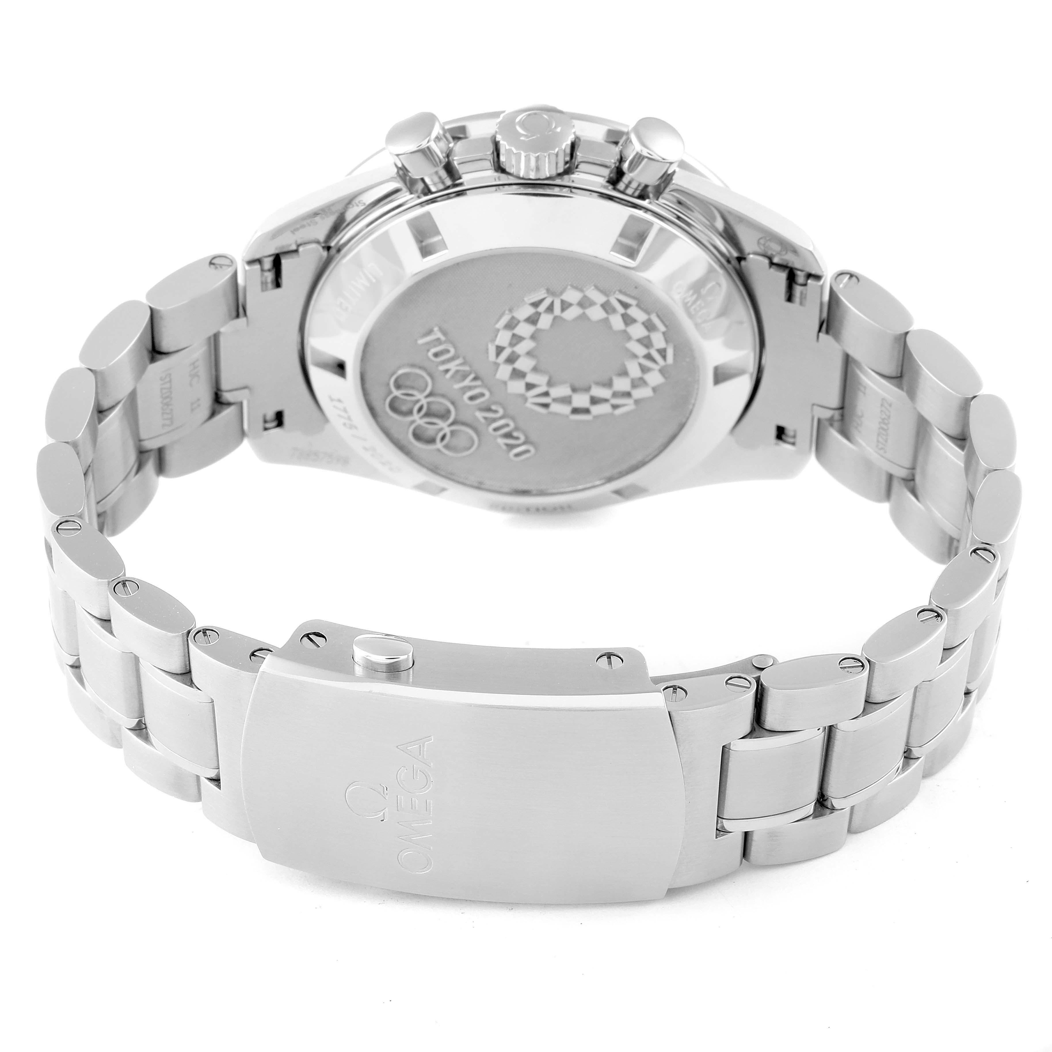 The image shows the back and clasp of an Omega Speedmaster 522.30.42.30.03.001 Men's Stainless Steel Blue Dial 522.30.42.30.03.001 Men's Stainless Steel Blue Dial watch, featuring engravings and a stainless steel bracelet.