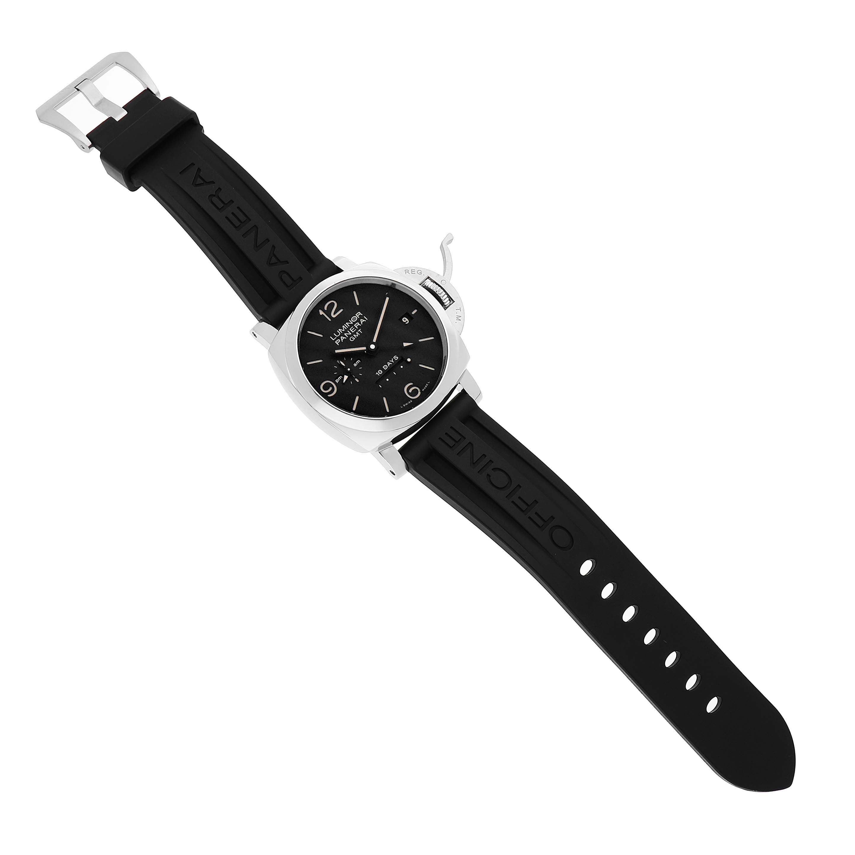The Panerai Luminor PAM00533 Men's Stainless Steel Black Dial watch is shown at an angle from above, displaying the face, crown guard, and the full length of the strap.