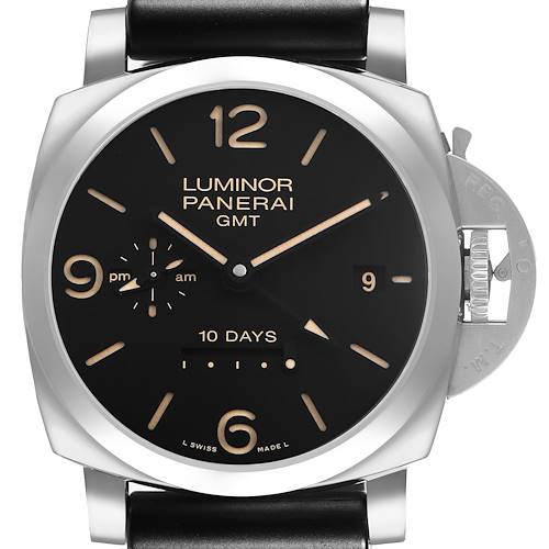 The Panerai Luminor PAM00533 Men's Stainless Steel Black Dial watch is shown from a front angle, displaying its dial, crown guard, and black leather strap.