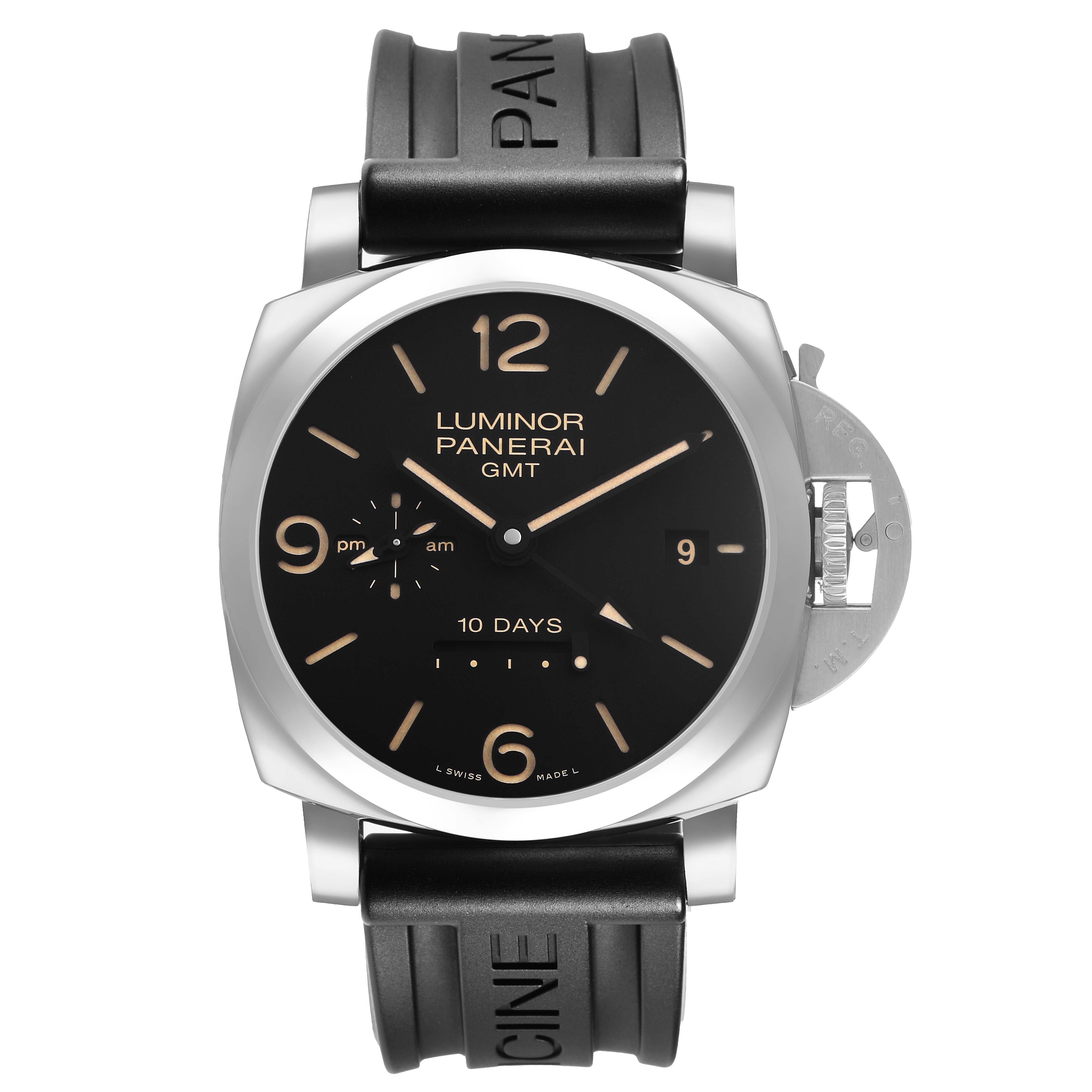 The Panerai Luminor PAM00533 Men's Stainless Steel Black Dial watch is shown from the front, displaying the face, bezel, and rubber strap.