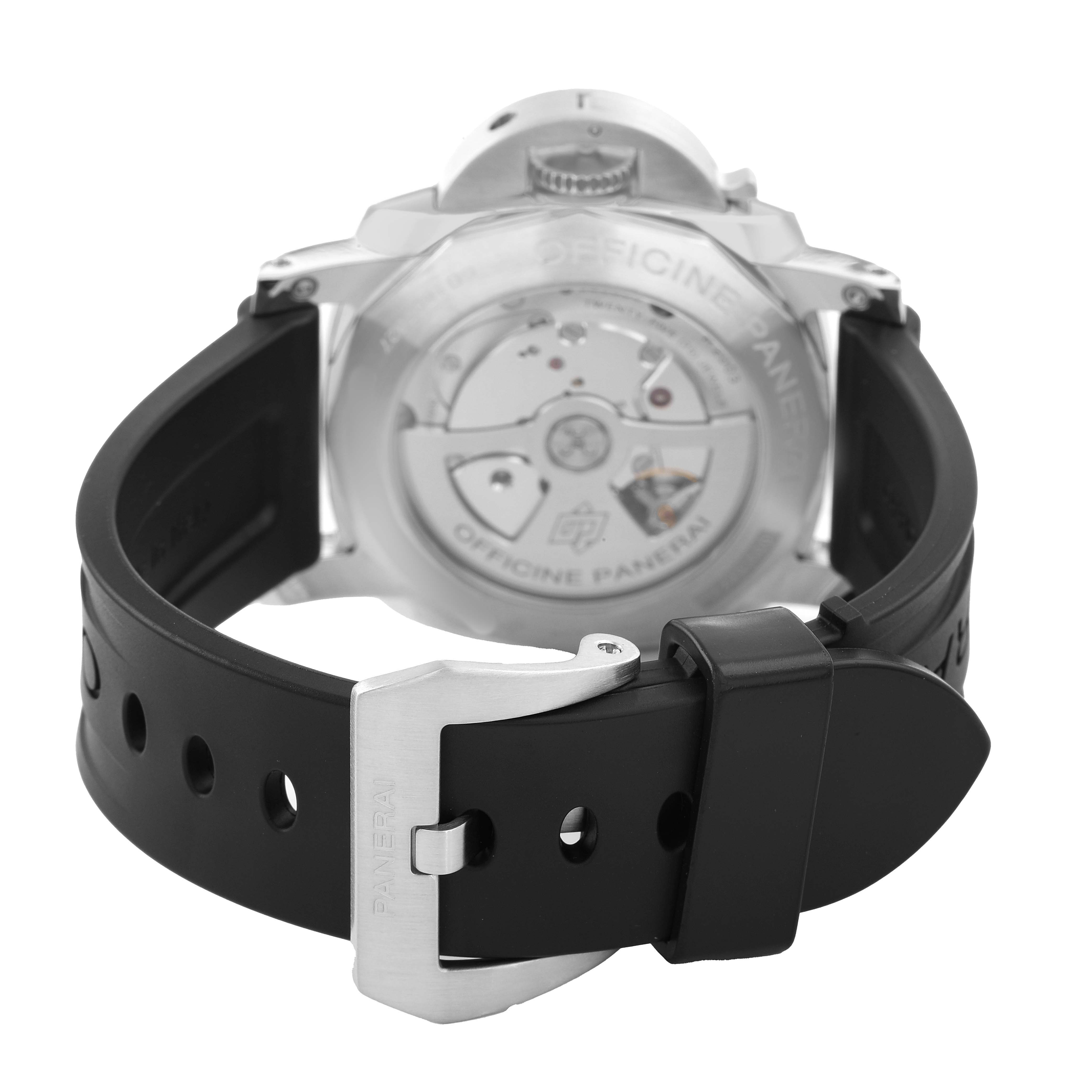 The image shows the back of a Panerai Luminor PAM00533 Men's Stainless Steel Black Dial watch, highlighting the movement through the transparent case back, with the strap and buckle visible.