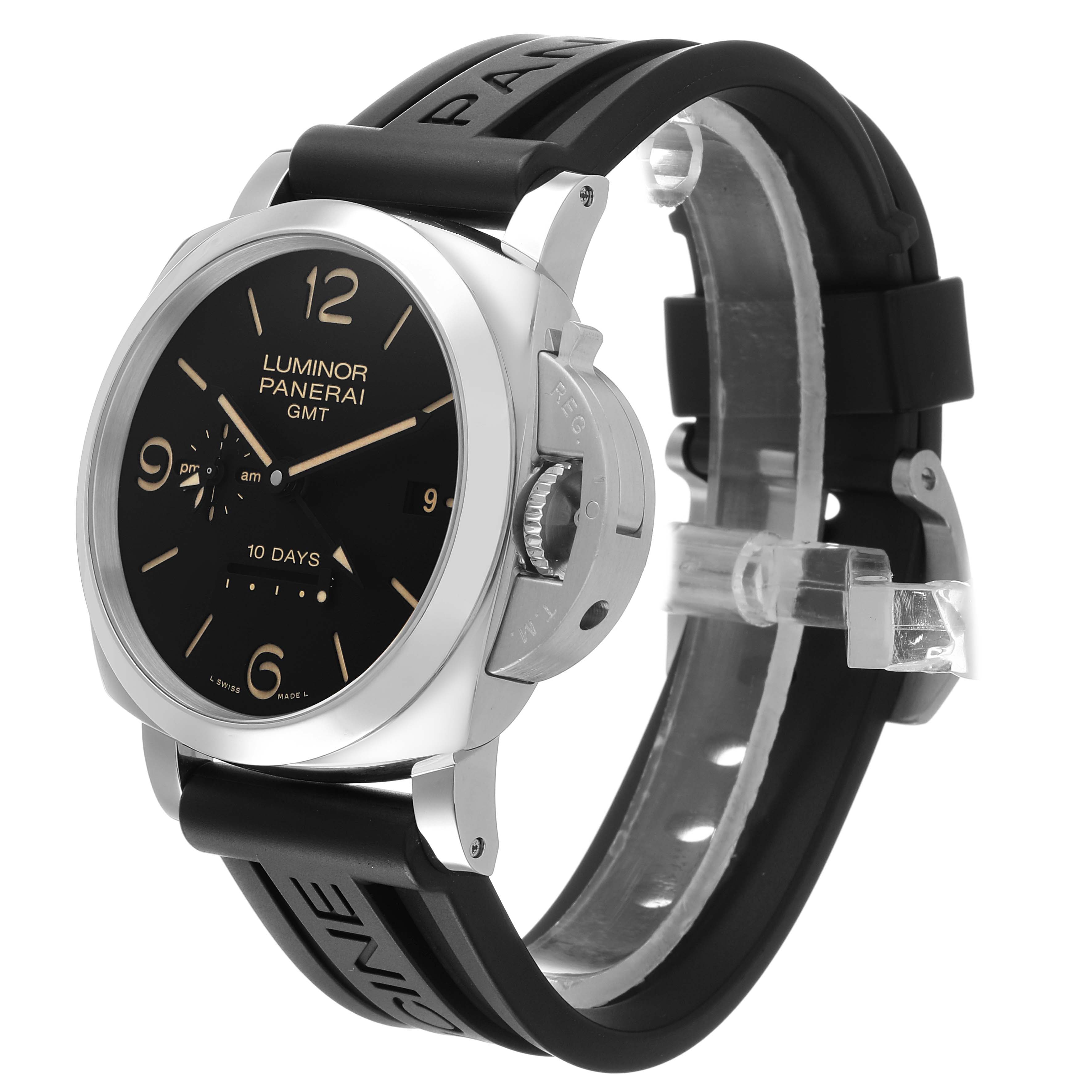 The Luminor Panerai watch is shown at a three-quarter angle, highlighting the black dial, crown guard, and rubber strap.