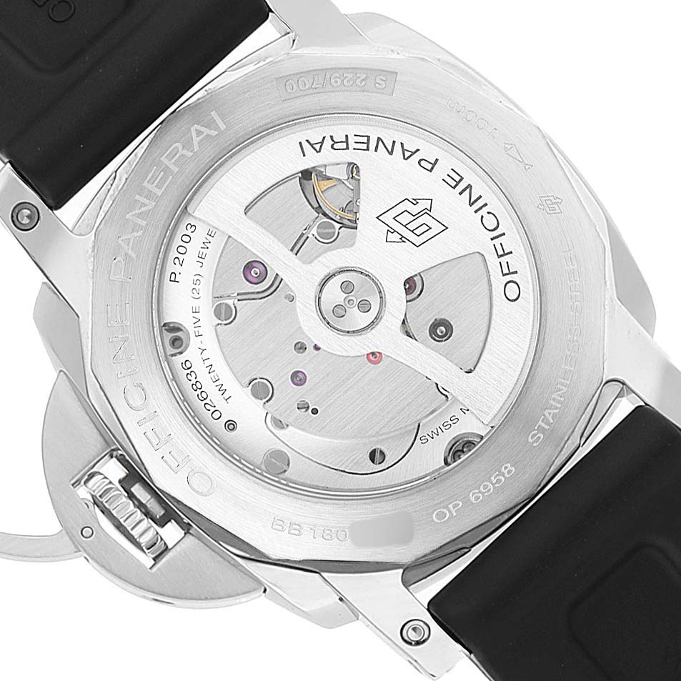 The image shows the back of a Panerai Luminor PAM00533 Men's Stainless Steel Black Dial watch, showcasing its movement and transparent case back.