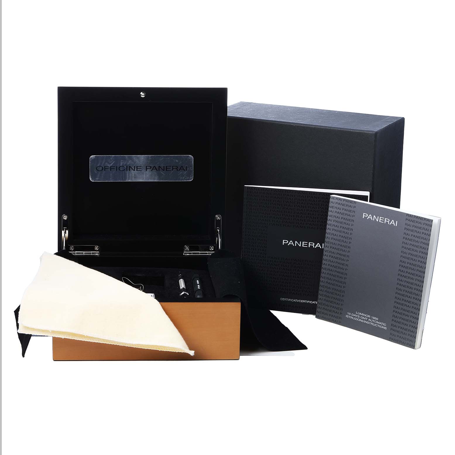 The image shows a Panerai Luminor PAM00533 Men's Stainless Steel Black Dial box set with a wooden case, manuals, cleaning cloth, and tools, presented from the front angle.